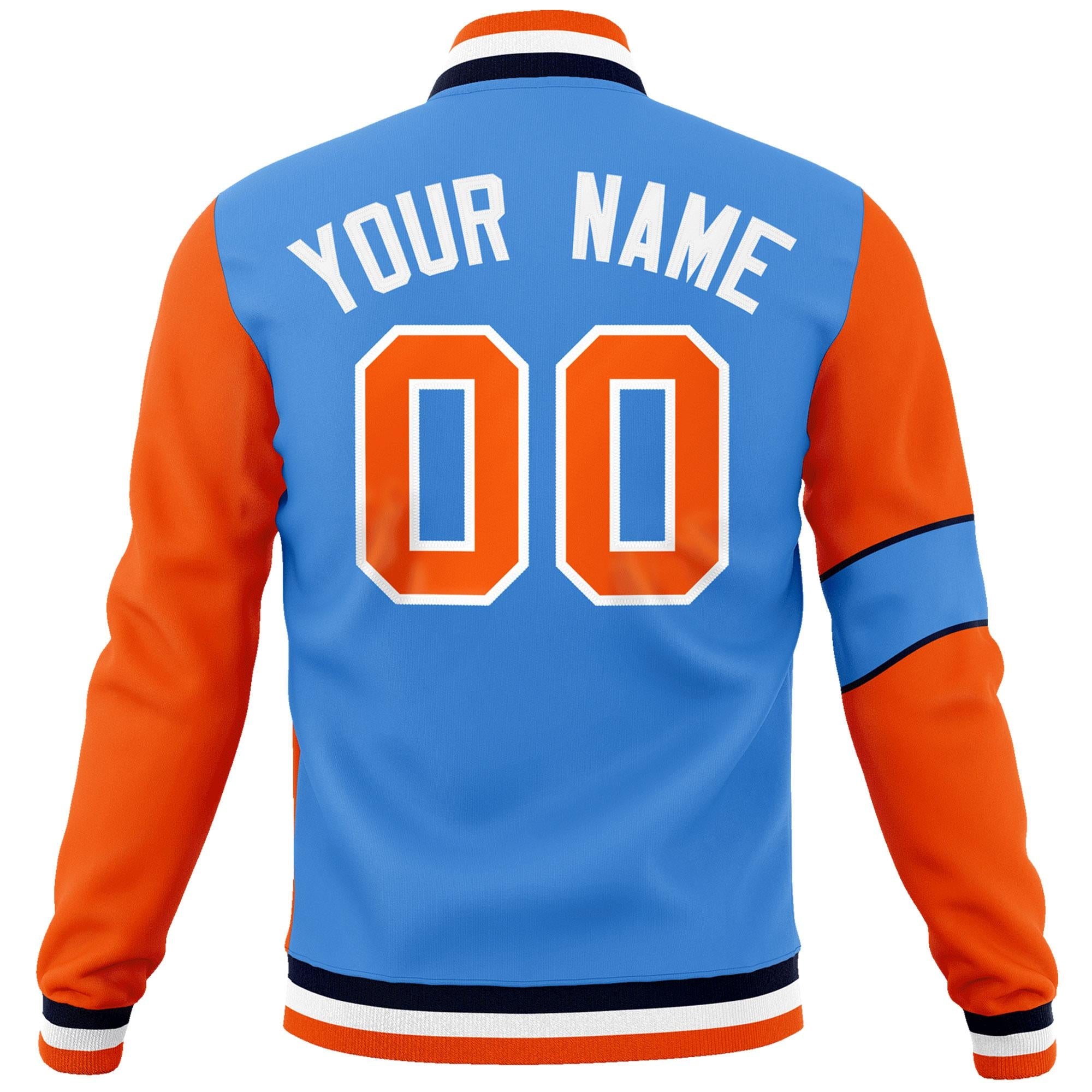 Custom Powder Blue Orange-White Letterman Two Tone Full-Snap Split Fashion Jacket