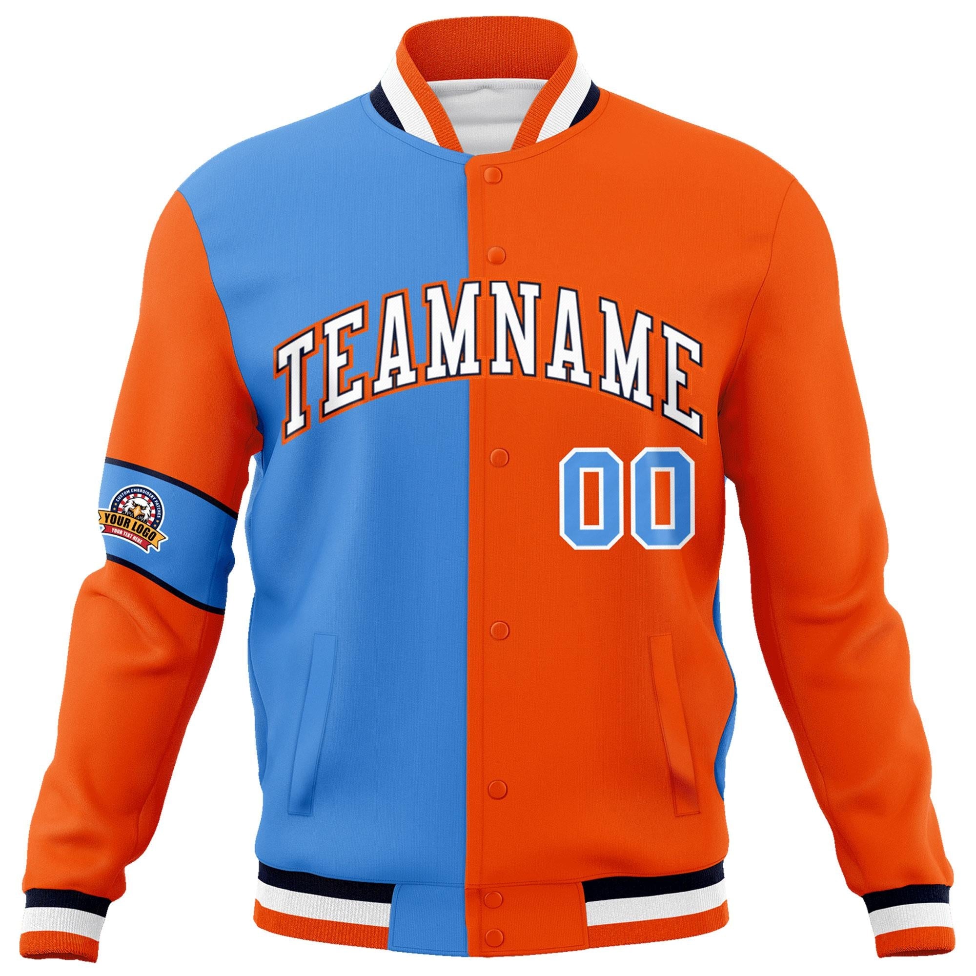 Custom Powder Blue Orange-White Letterman Two Tone Full-Snap Split Fashion Jacket