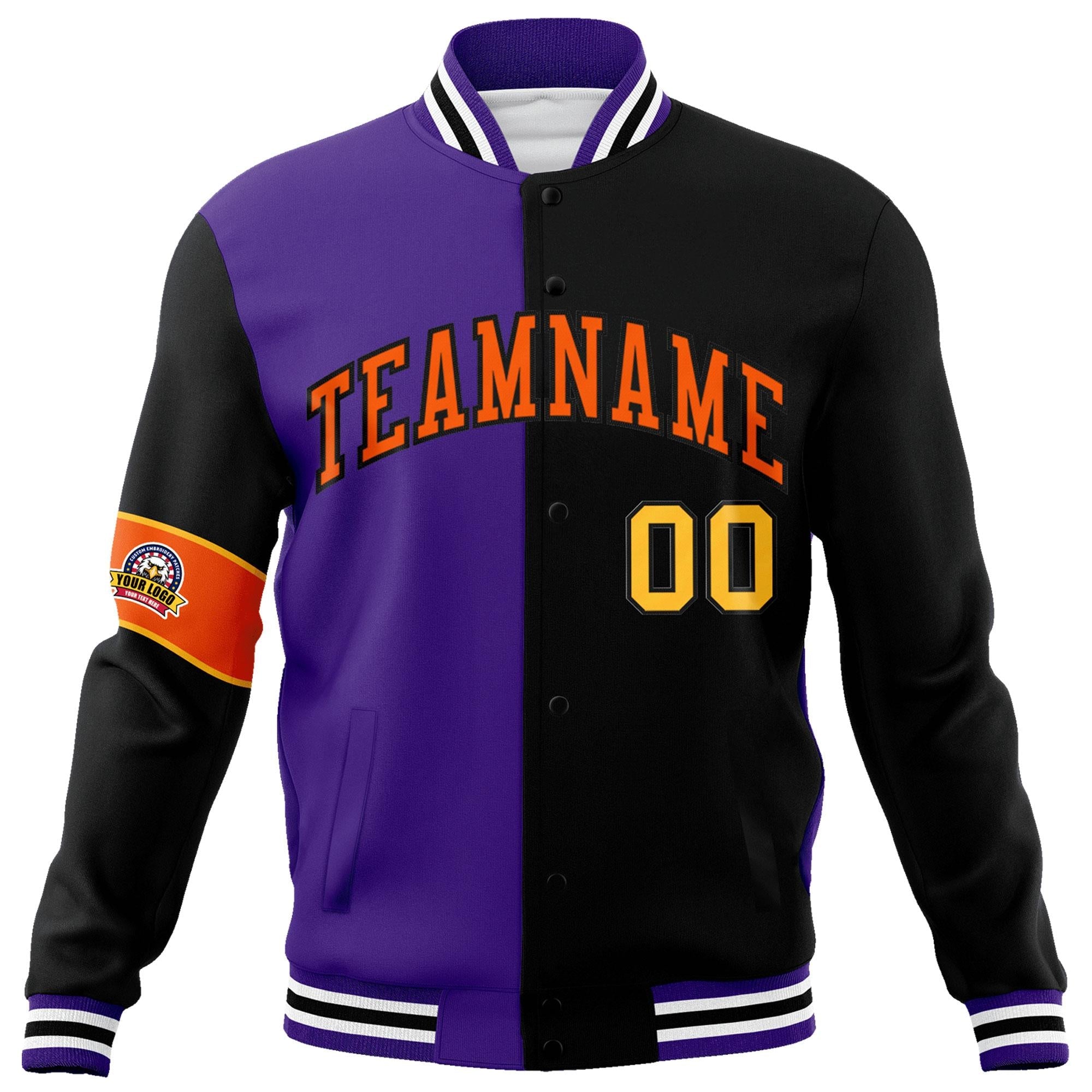 Custom Purple Black-Orange Letterman Two Tone Full-Snap Split Fashion Jacket