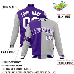 Custom Purple Gray-White Letterman Two Tone Full-Snap Split Fashion Jacket