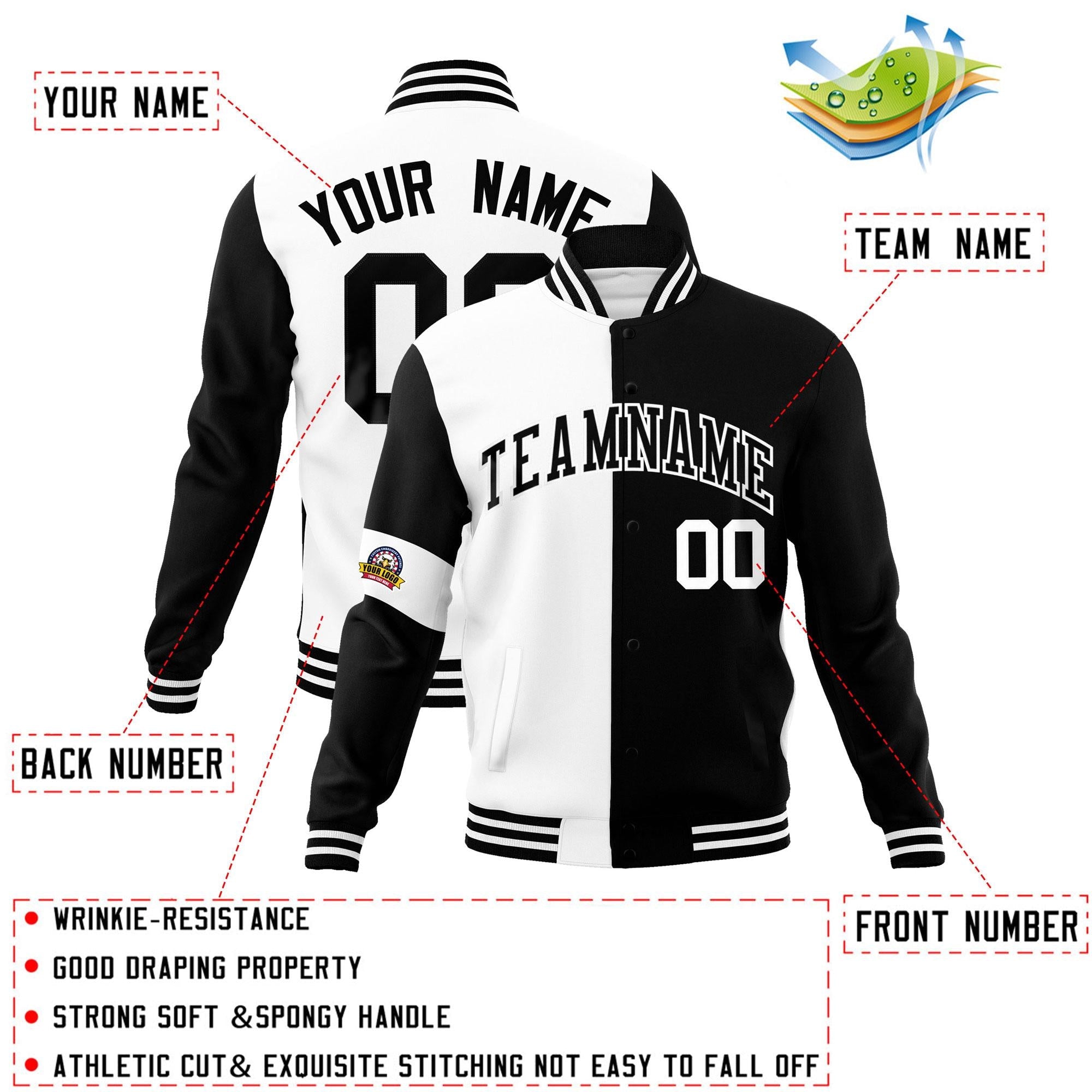 Custom White Black Letterman Two Tone Full-Snap Split Fashion Jacket