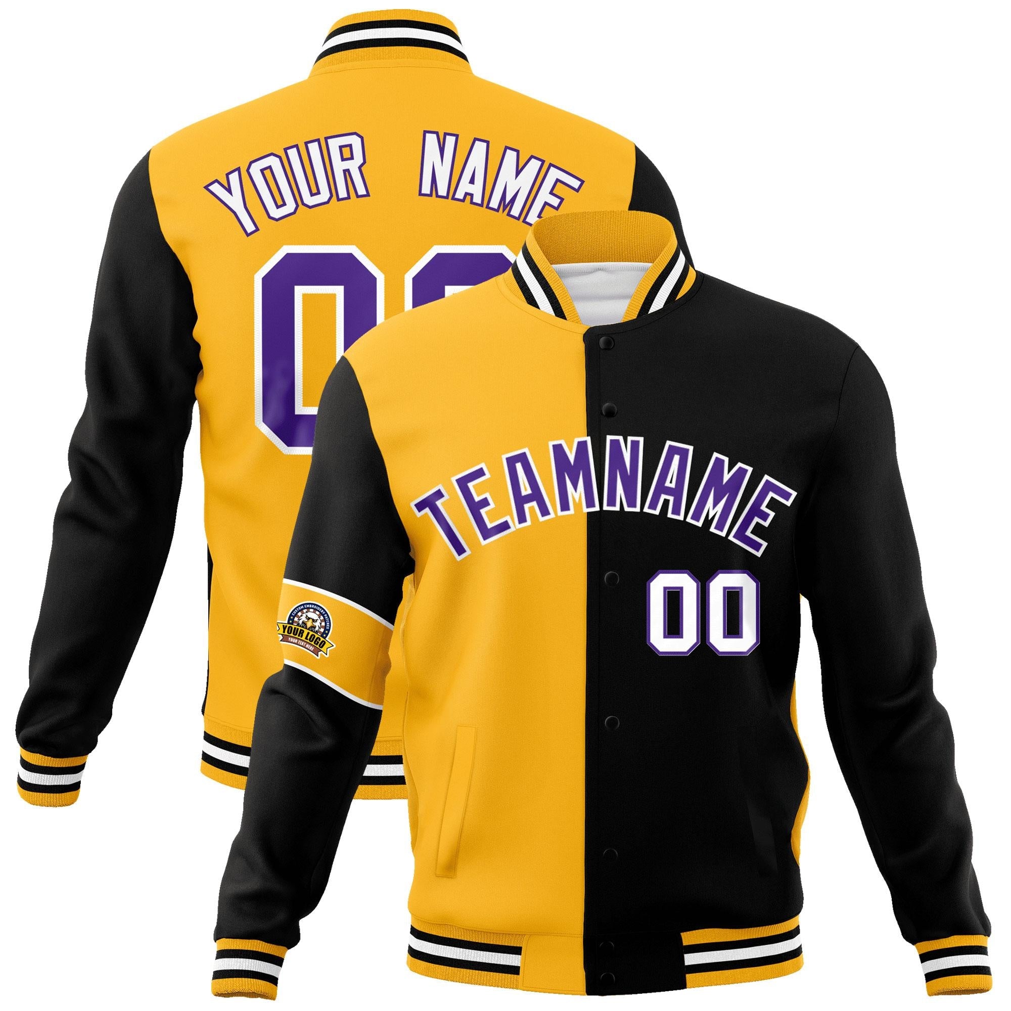 Custom Gold Black-Purple Letterman Two Tone Full-Snap Split Fashion Jacket