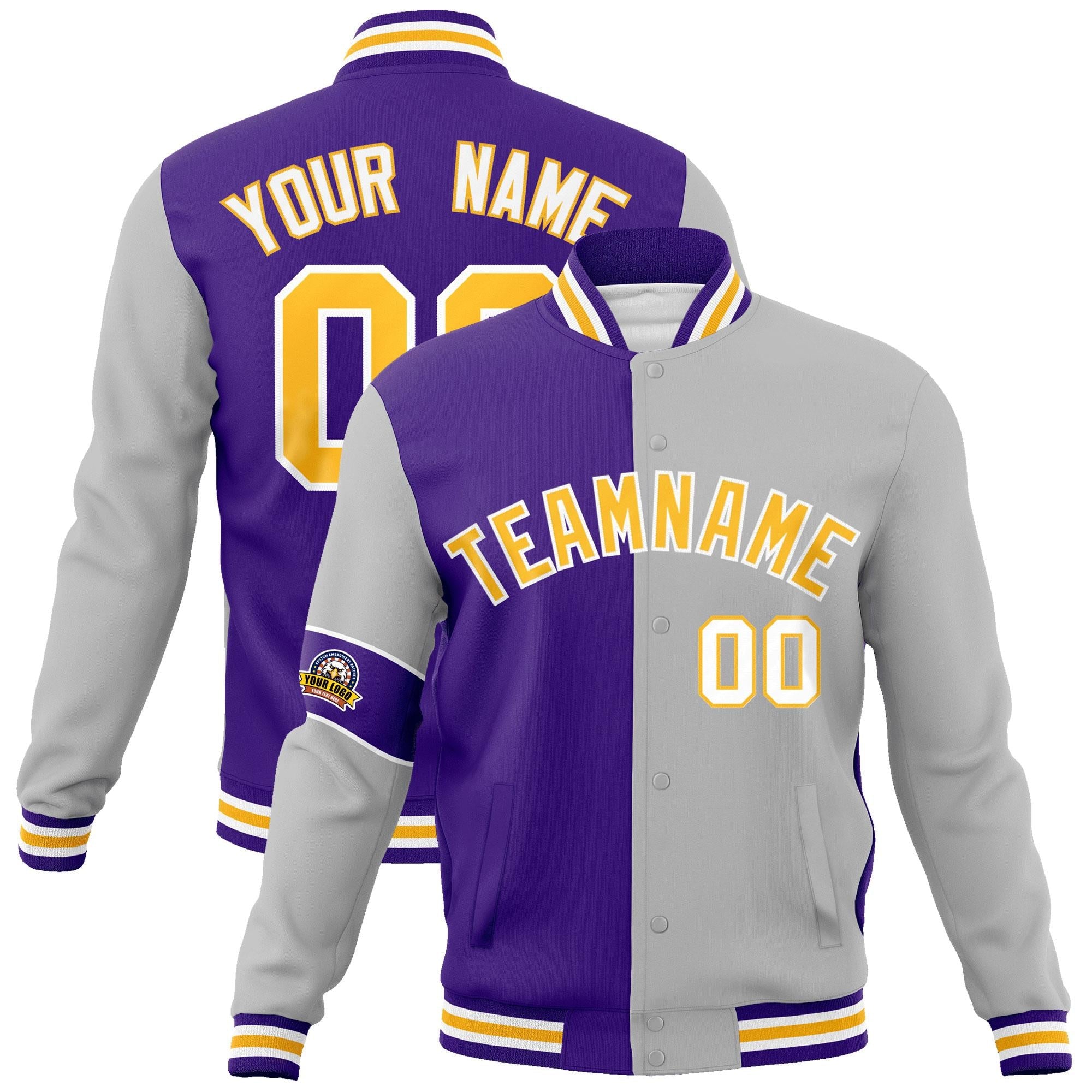 Custom Purple Gray-Gold Letterman Two Tone Full-Snap Split Fashion Jacket