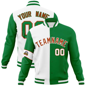 Custom White Kelly Green-Orange Letterman Two Tone Full-Snap Split Fashion Jacket