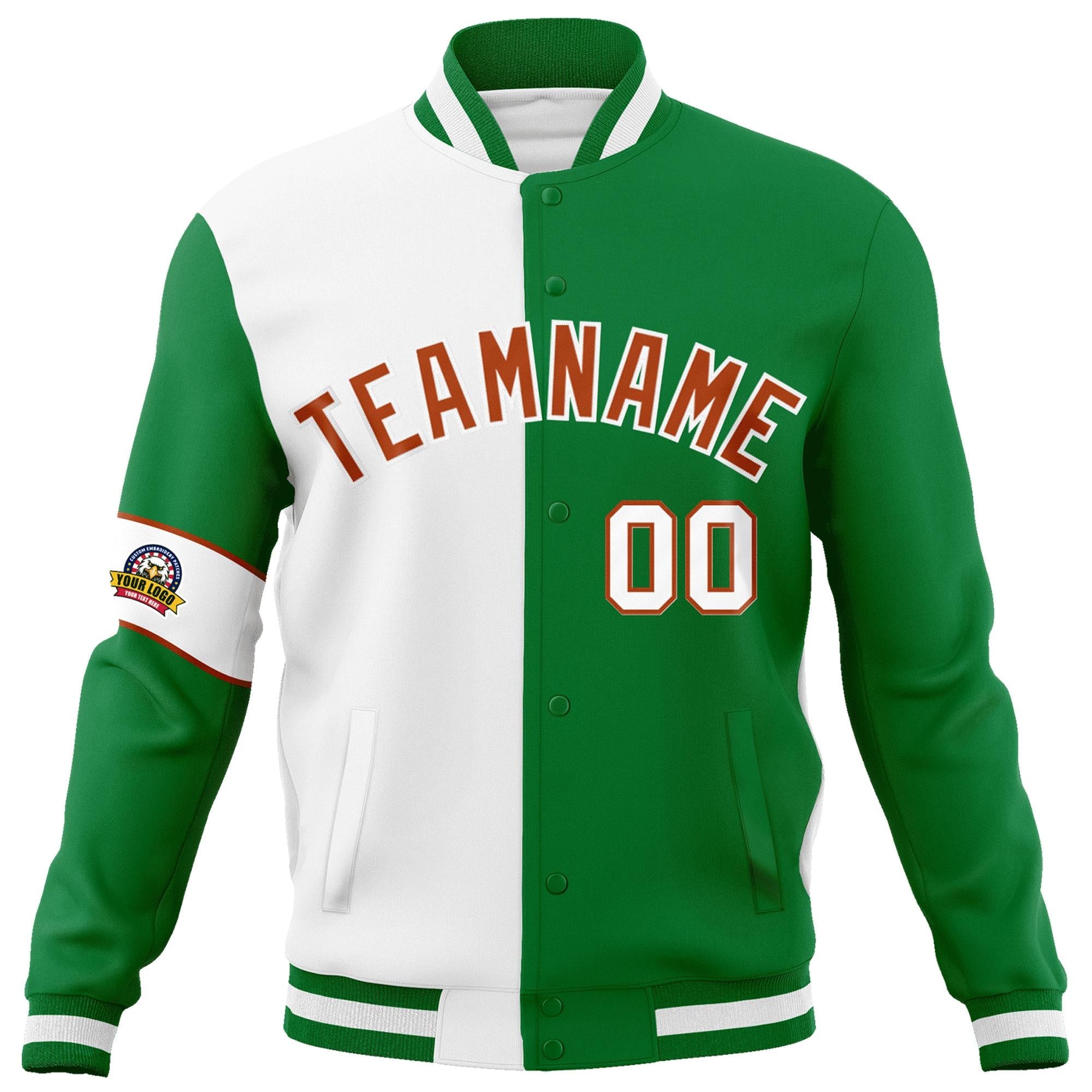 Custom White Kelly Green-Orange Letterman Two Tone Full-Snap Split Fashion Jacket