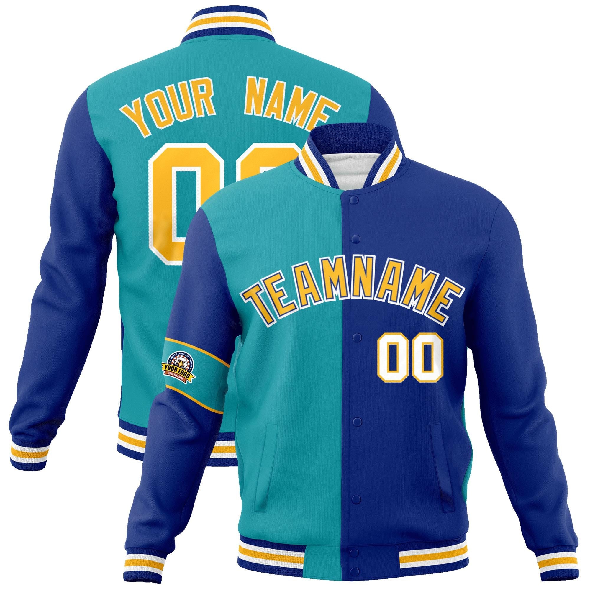 Custom Aqua Royal-Gold Letterman Two Tone Full-Snap Split Fashion Jacket