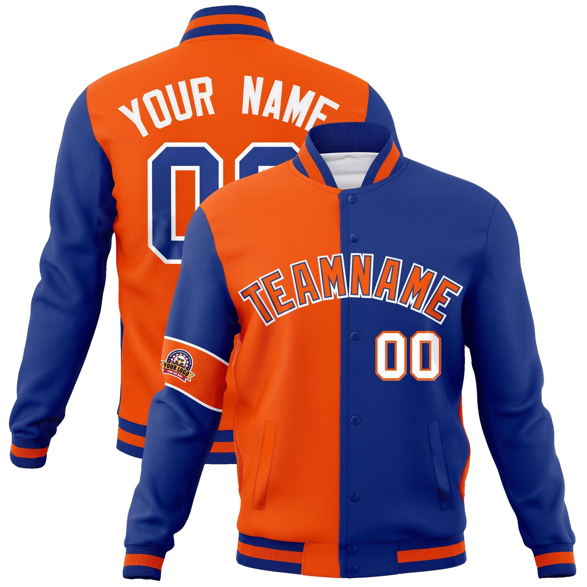 Custom Orange Royal-White Letterman Two Tone Full-Snap Split Fashion Jacket