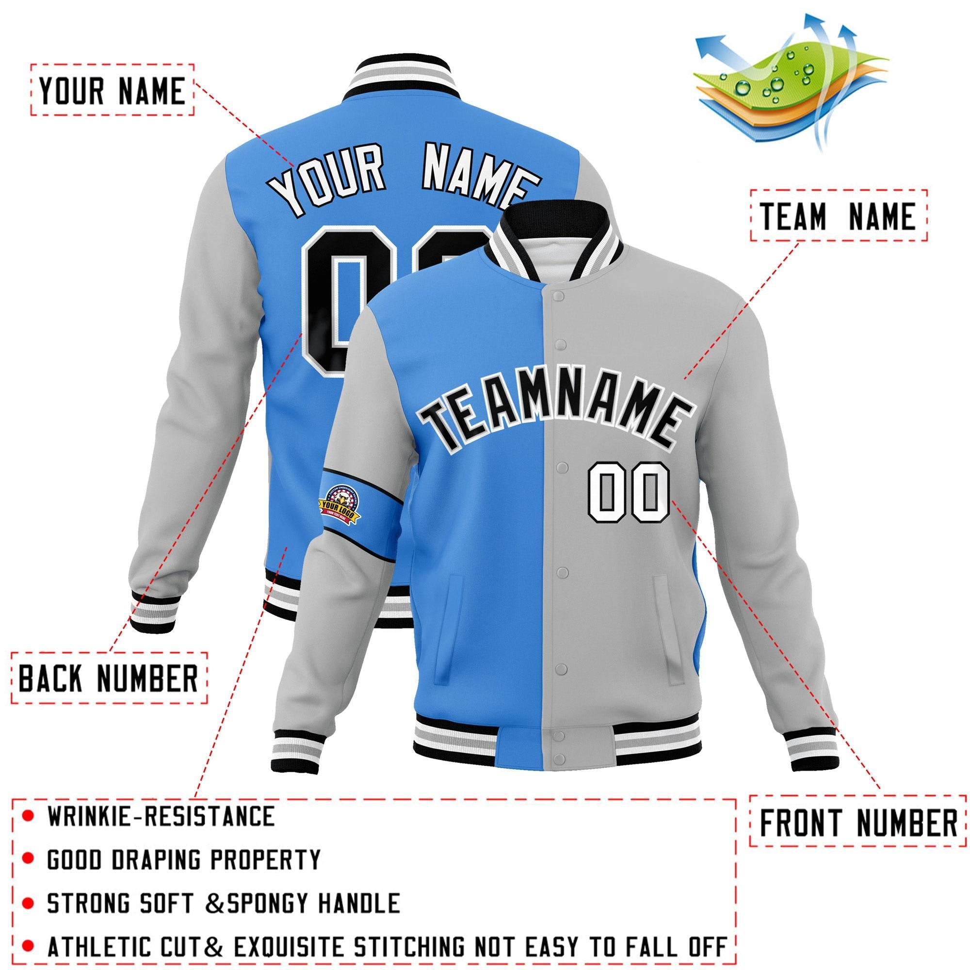 Custom Powder Blue Gray-Black Letterman Two Tone Full-Snap Split Fashion Jacket