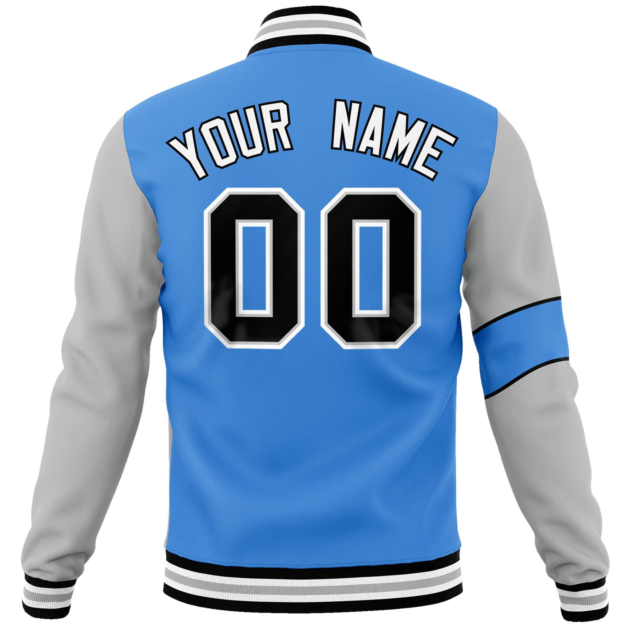 Custom Powder Blue Gray-Black Letterman Two Tone Full-Snap Split Fashion Jacket