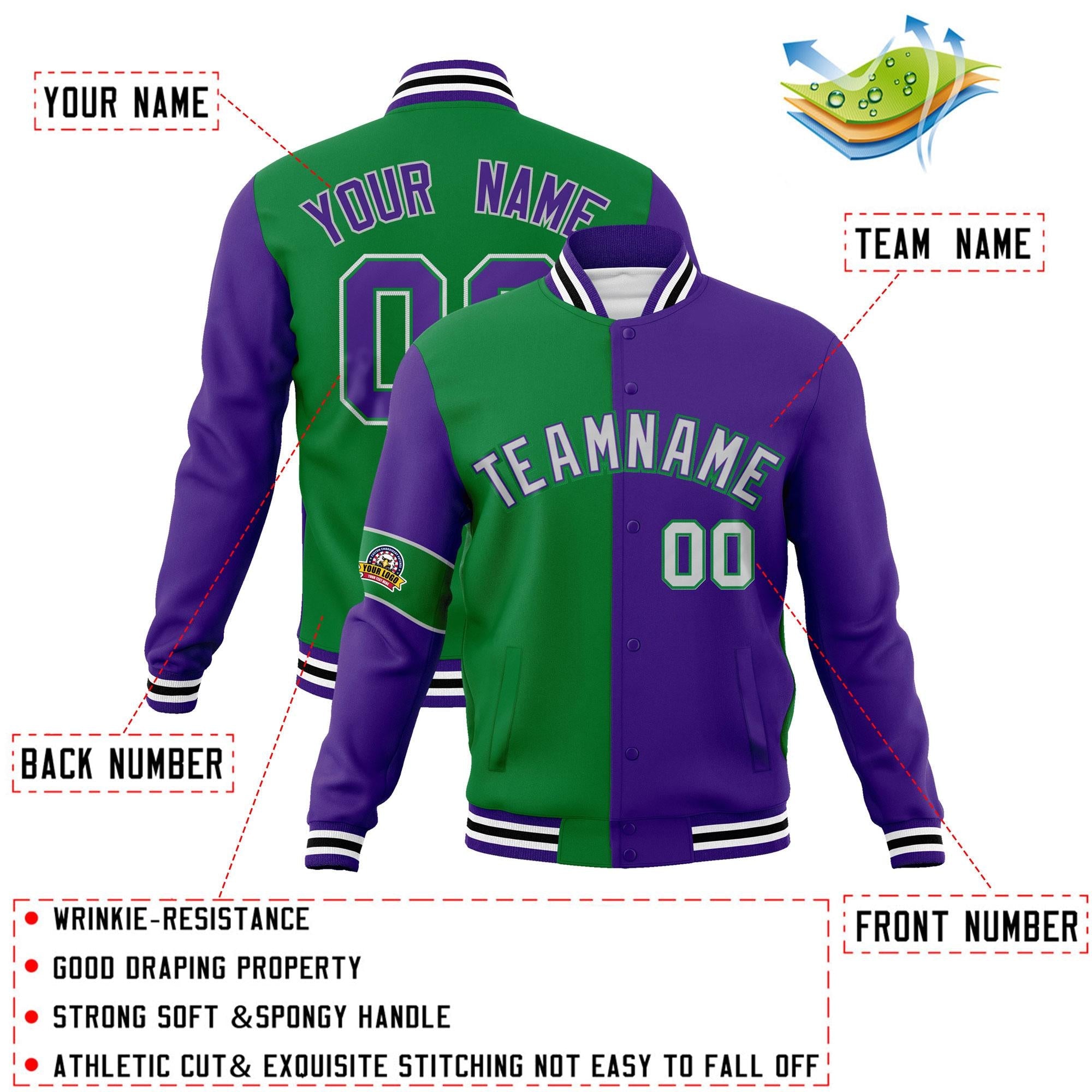 Custom Kelly Green Purple-Gray Letterman Two Tone Full-Snap Split Fashion Jacket