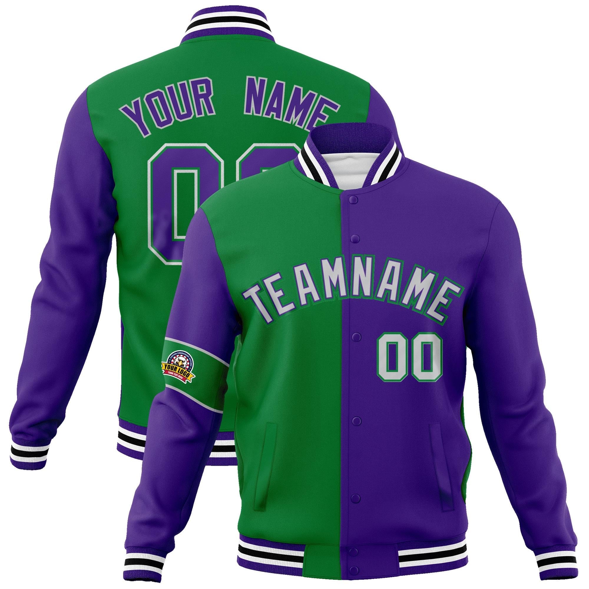 Custom Kelly Green Purple-Gray Letterman Two Tone Full-Snap Split Fashion Jacket