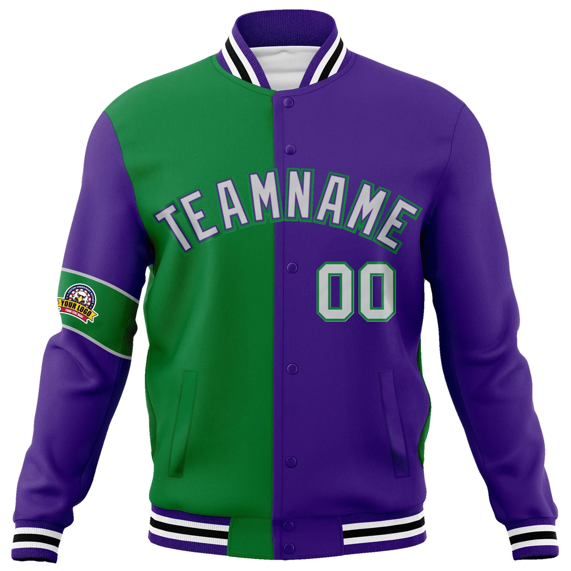 Custom Kelly Green Purple-Gray Letterman Two Tone Full-Snap Split Fashion Jacket