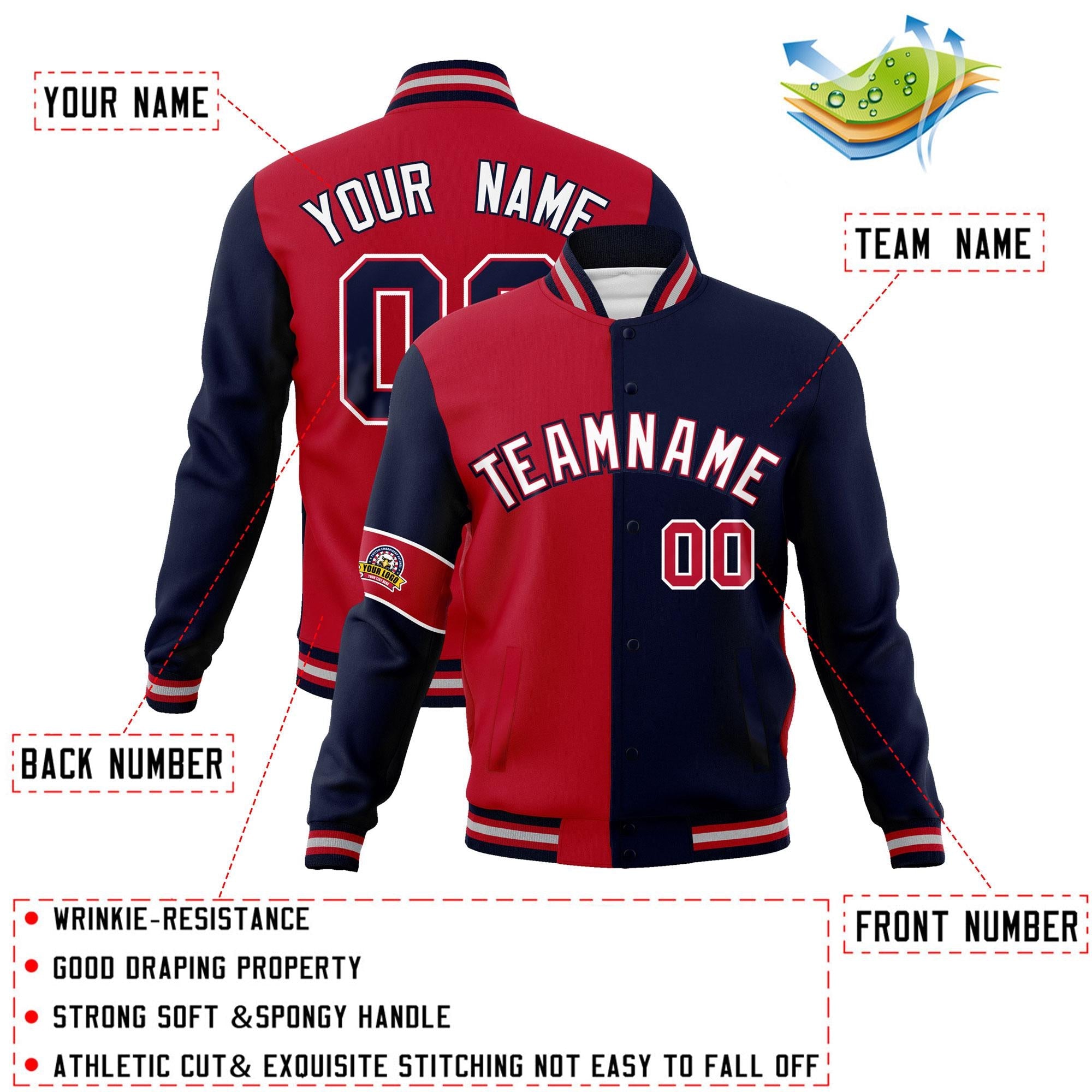 Custom Red Navy-White Letterman Two Tone Full-Snap Split Fashion Jacket