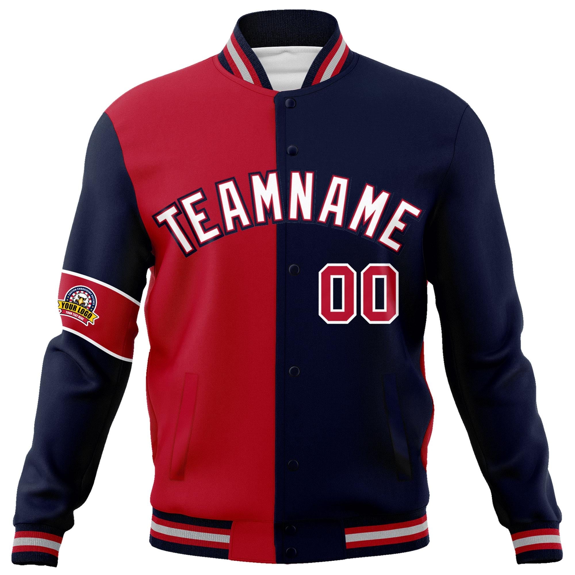 Custom Red Navy-White Letterman Two Tone Full-Snap Split Fashion Jacket