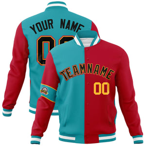 Custom Aqua Red-Black Letterman Two Tone Full-Snap Split Fashion Jacket