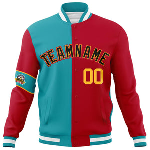 Custom Aqua Red-Black Letterman Two Tone Full-Snap Split Fashion Jacket