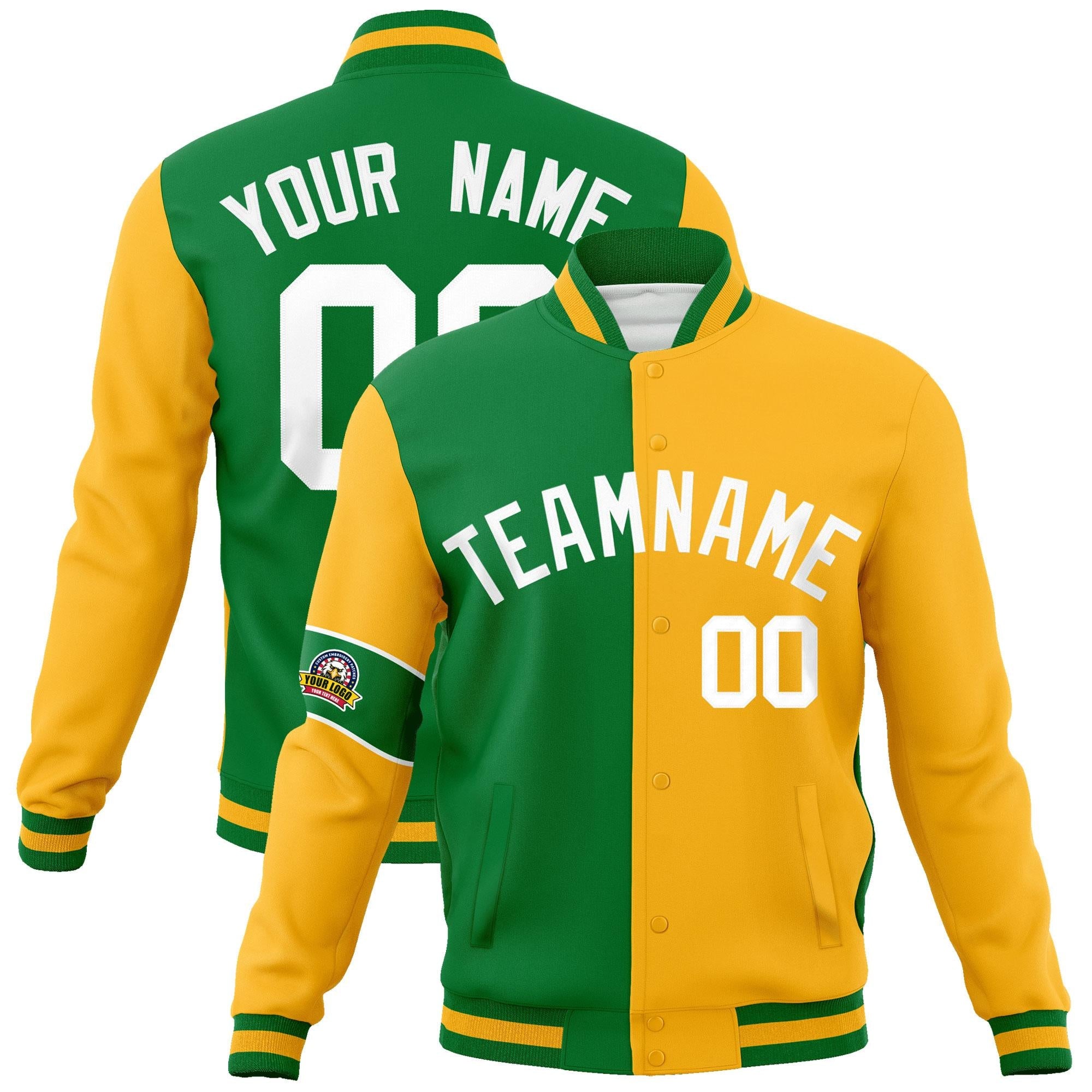 Custom Kelly Green Gold-White Letterman Two Tone Full-Snap Split Fashion Jacket