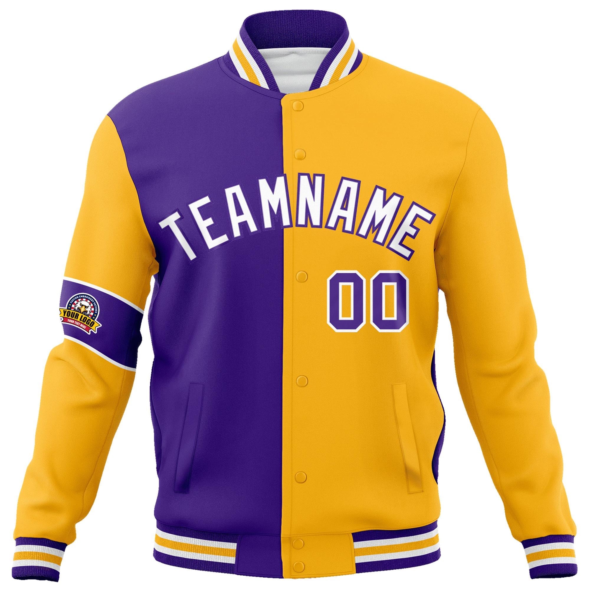 Custom Purple Gold-White Letterman Two Tone Full-Snap Split Fashion Jacket