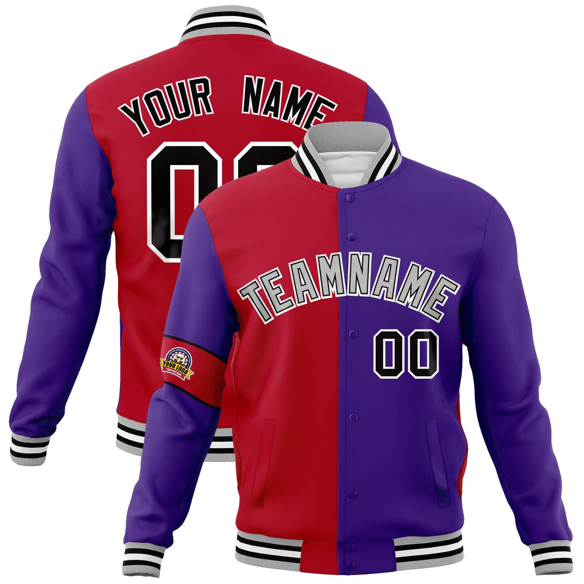 Custom Red Purple-Gray Letterman Two Tone Full-Snap Split Fashion Jacket