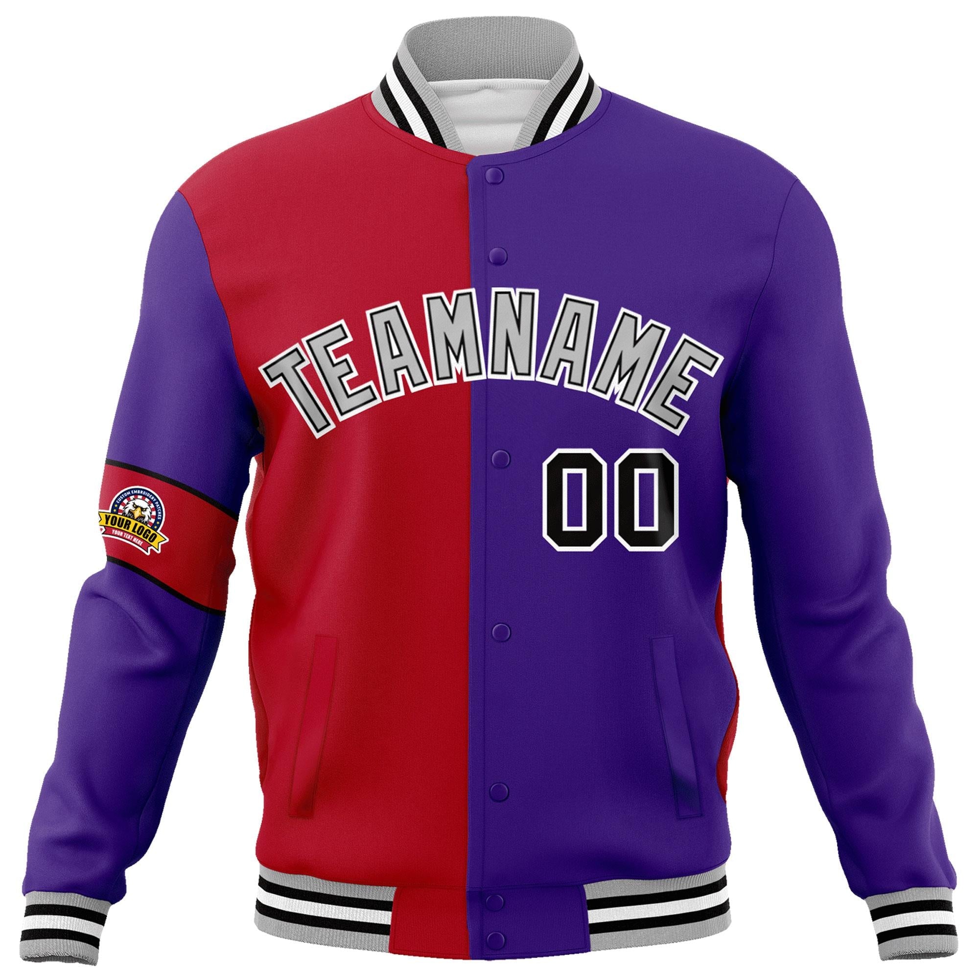 Custom Red Purple-Gray Letterman Two Tone Full-Snap Split Fashion Jacket