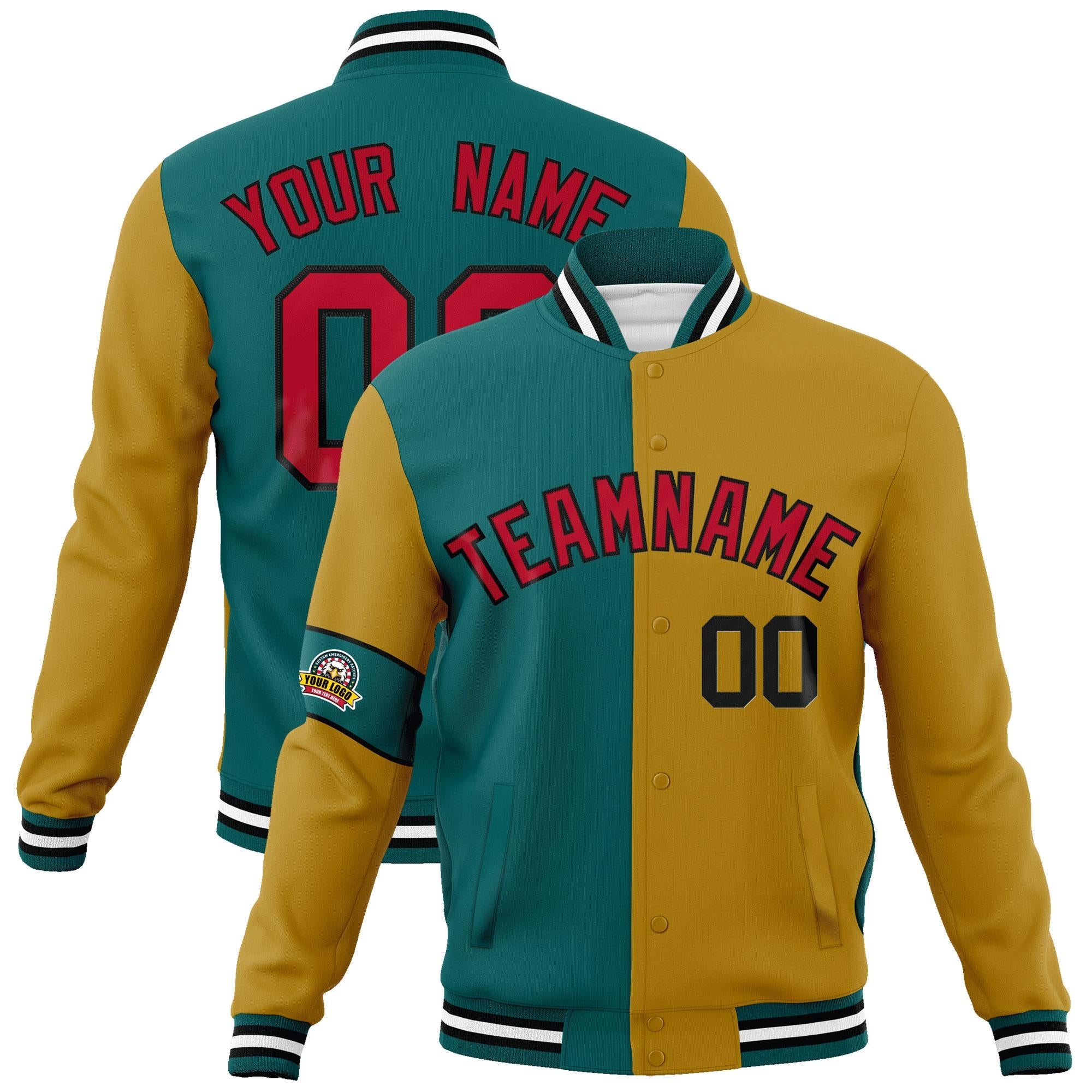 Custom Aqua Old Gold-Red Letterman Two Tone Full-Snap Split Fashion Jacket