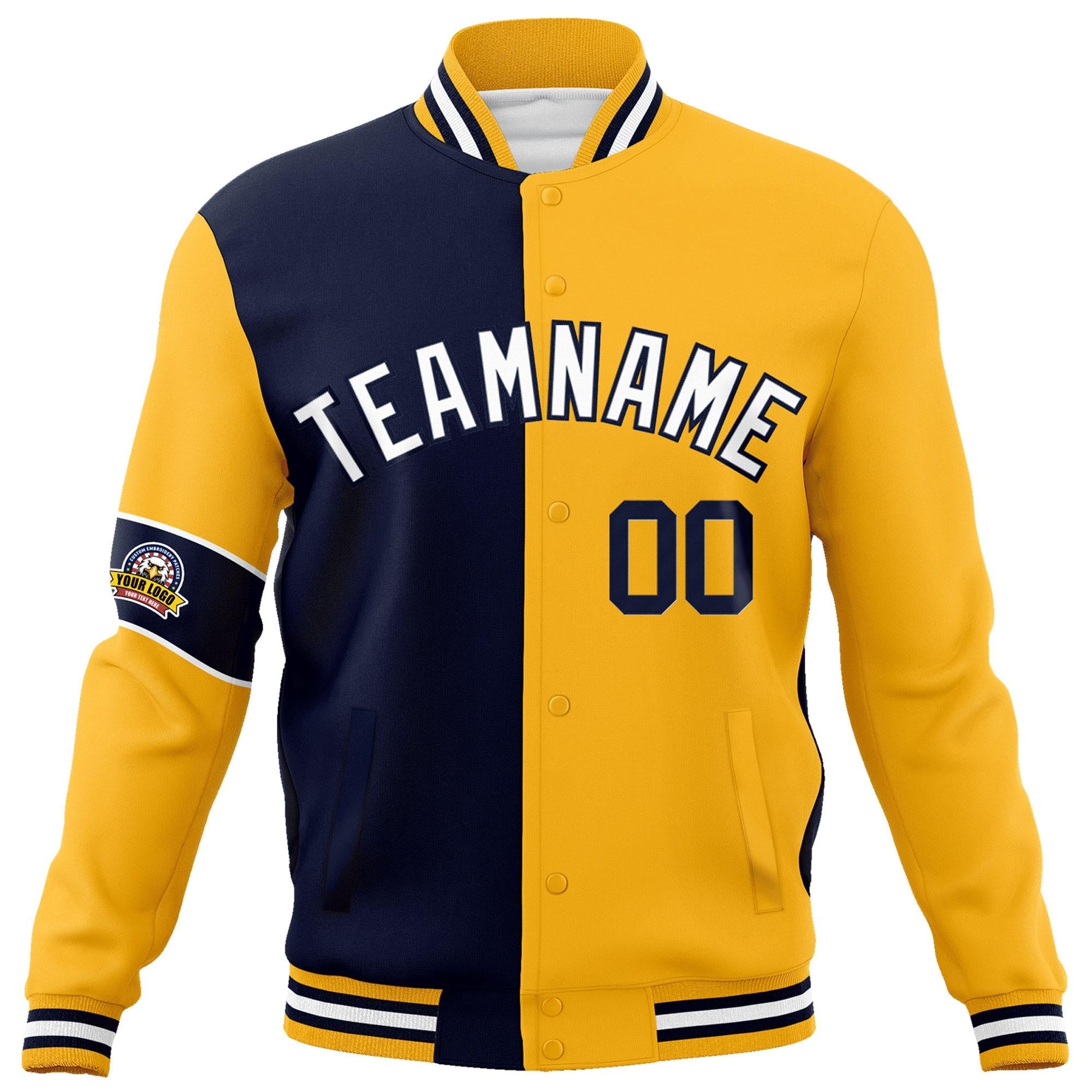 Custom Navy Gold-White Letterman Two Tone Full-Snap Split Fashion Jacket