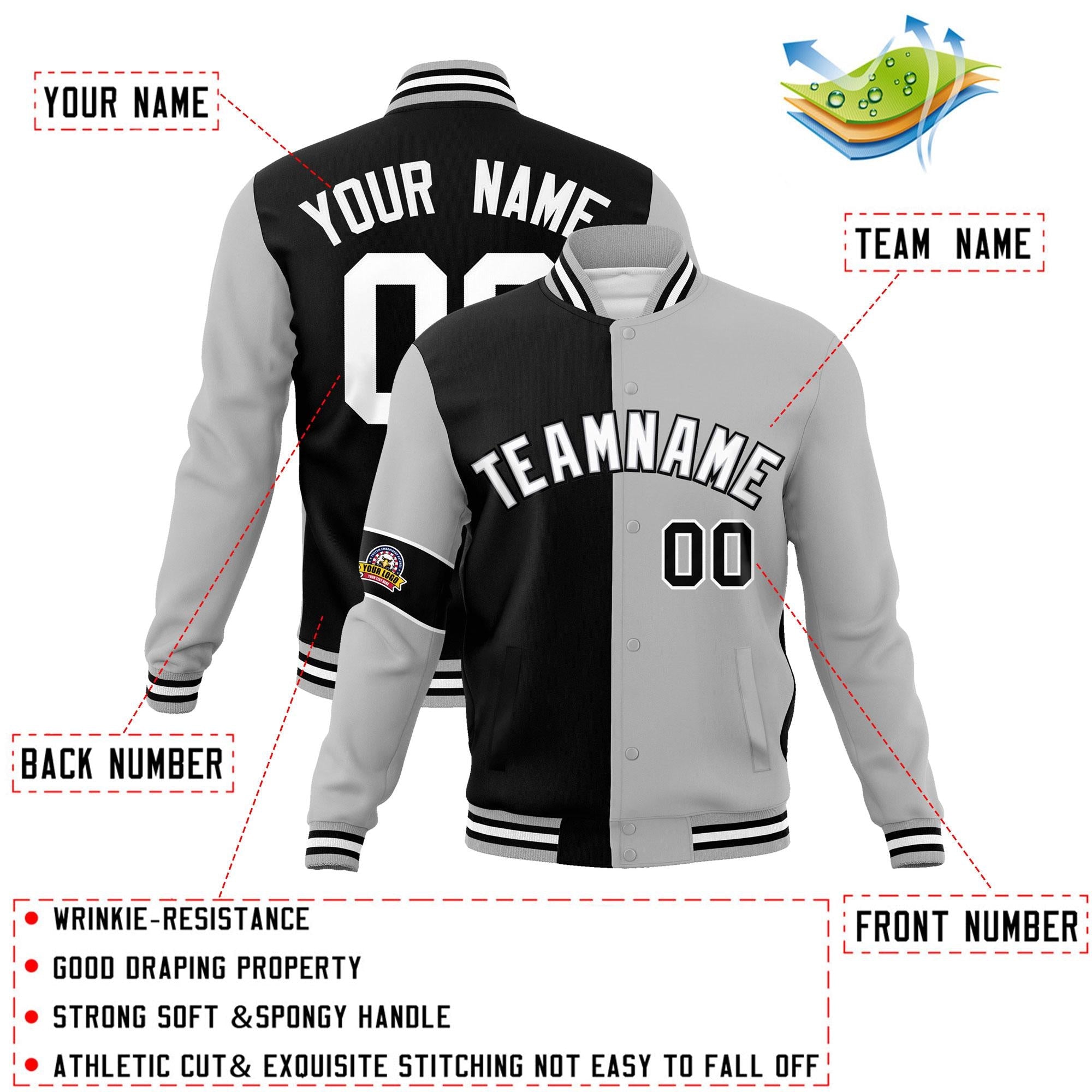 Custom Black Gray-White Letterman Two Tone Full-Snap Split Fashion Jacket