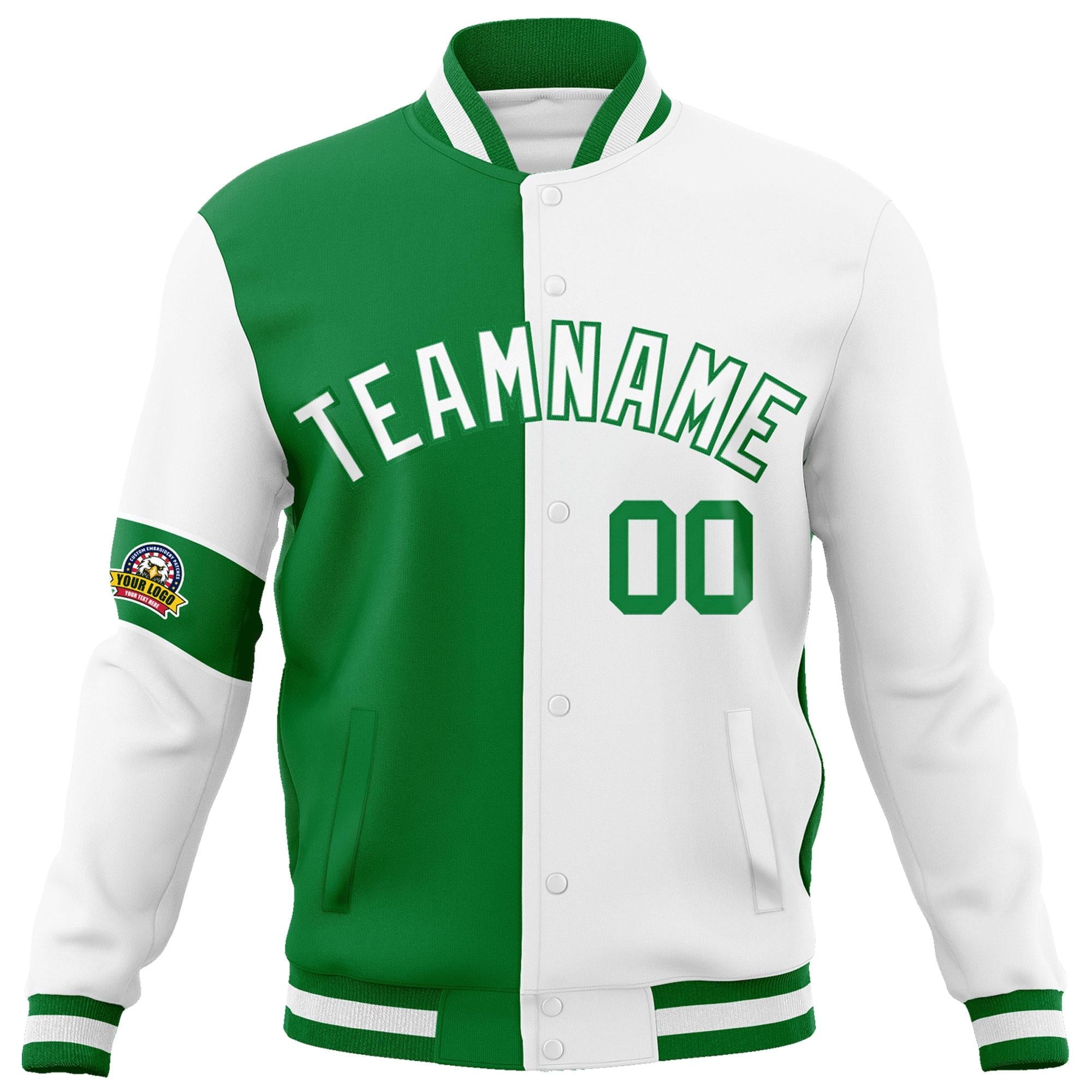 Custom Kelly Green White Letterman Two Tone Full-Snap Split Fashion Jacket