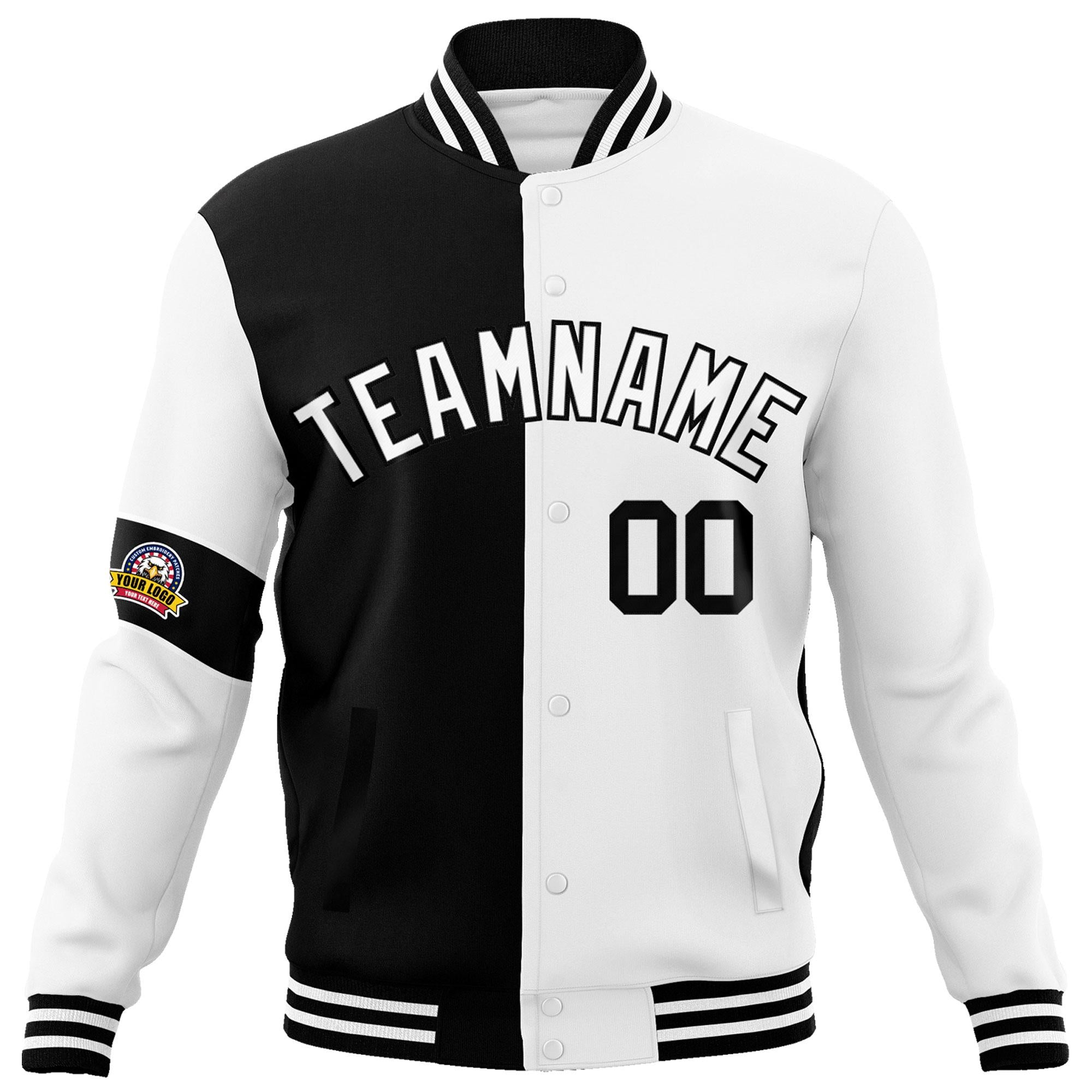 Custom Black White Letterman Two Tone Full-Snap Split Fashion Jacket