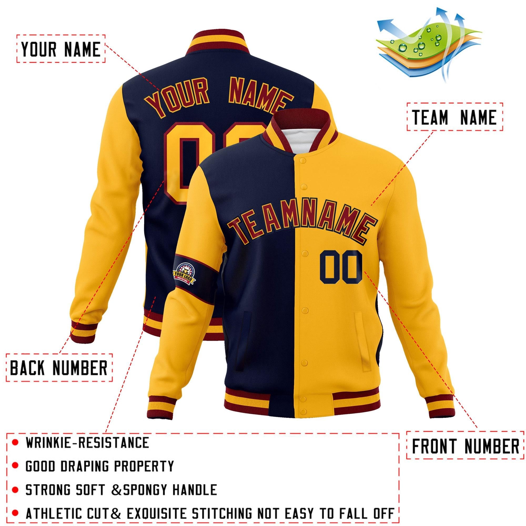 Custom Navy Gold-Crimson Letterman Two Tone Full-Snap Split Fashion Jacket