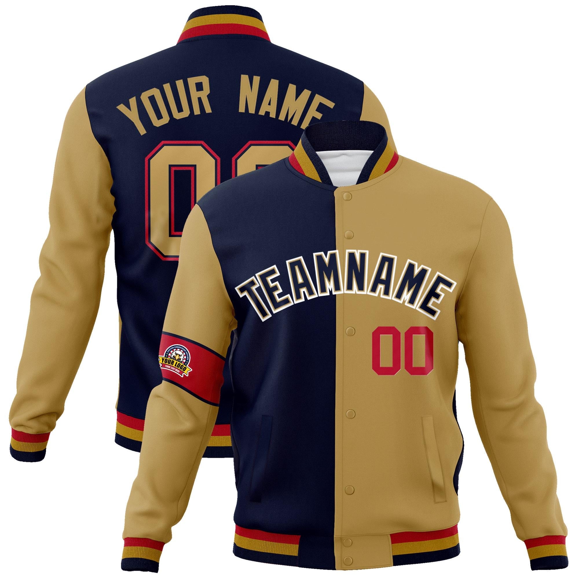 Custom Navy Old Gold-White Letterman Two Tone Full-Snap Split Fashion Jacket