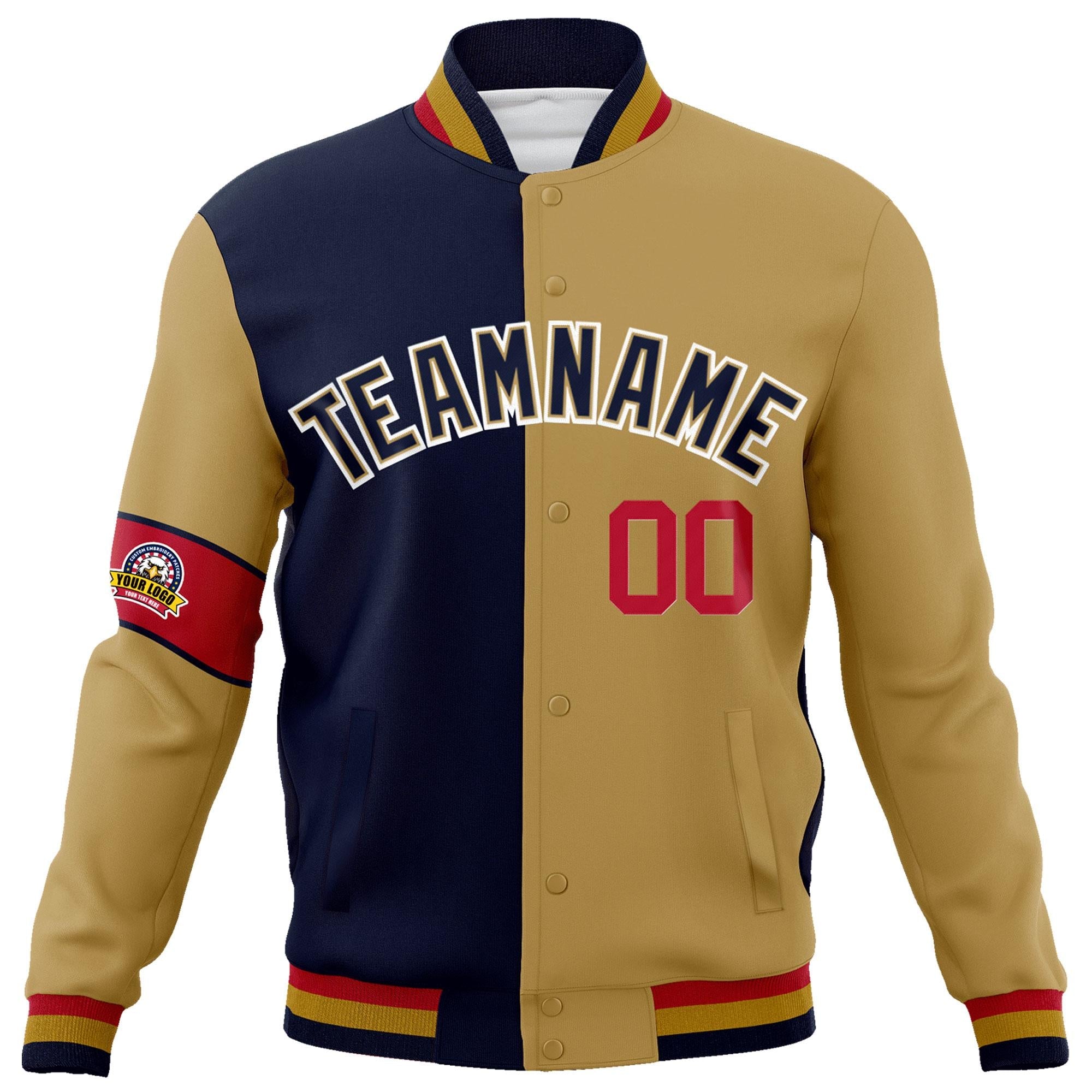 Custom Navy Old Gold-White Letterman Two Tone Full-Snap Split Fashion Jacket