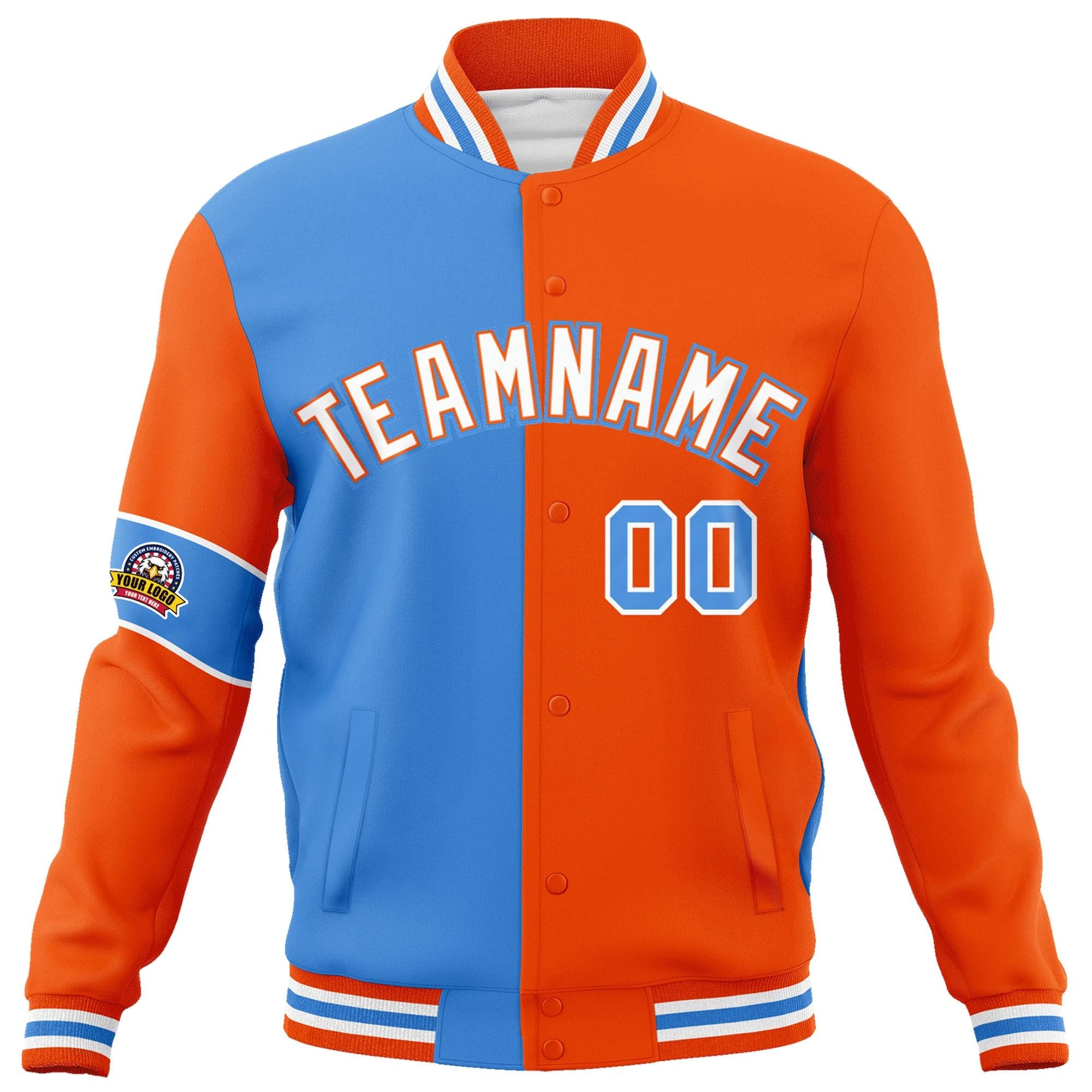 Custom Powder Blue Orange-White Letterman Two Tone Full-Snap Split Fashion Jacket