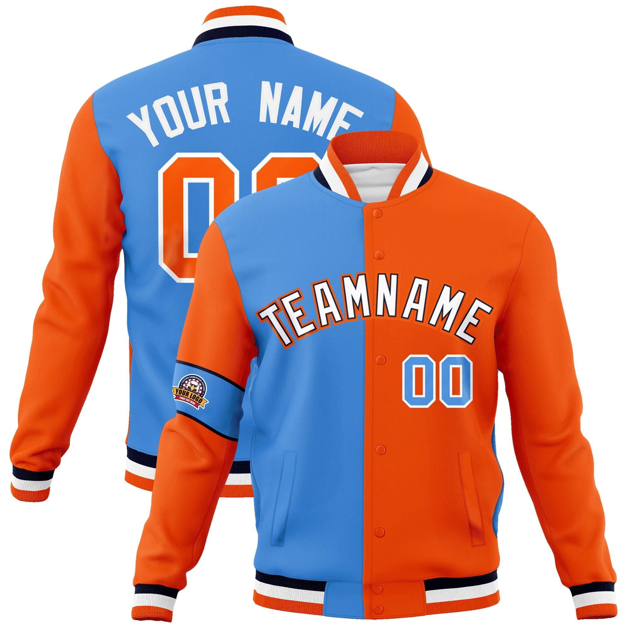 Custom Powder Blue Orange-White Letterman Two Tone Full-Snap Split Fashion Jacket