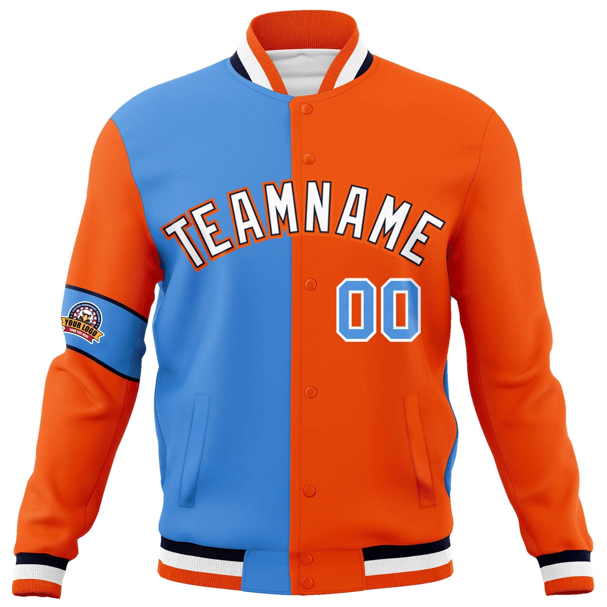 Custom Powder Blue Orange-White Letterman Two Tone Full-Snap Split Fashion Jacket