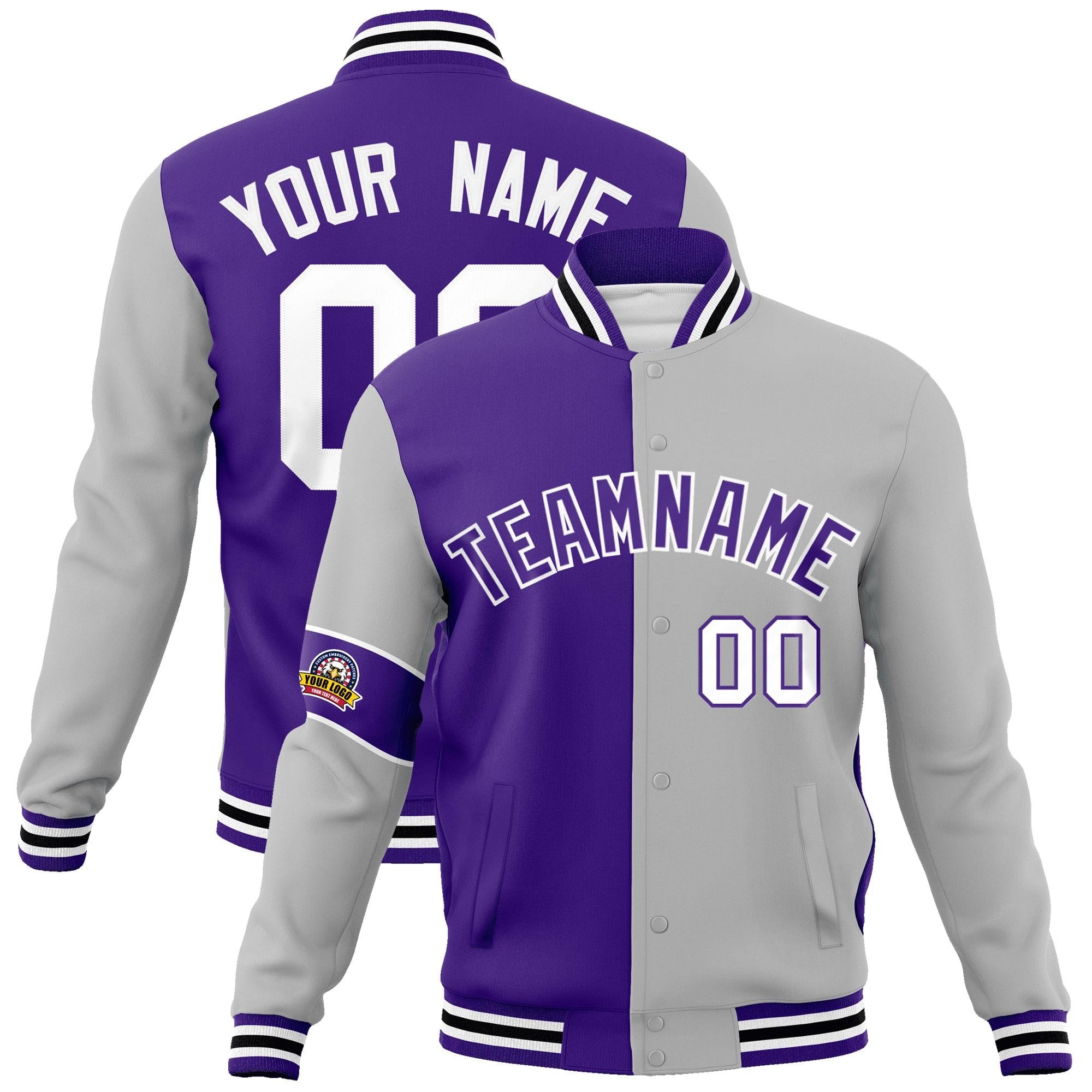 Custom Purple Gray-White Letterman Two Tone Full-Snap Split Fashion Jacket