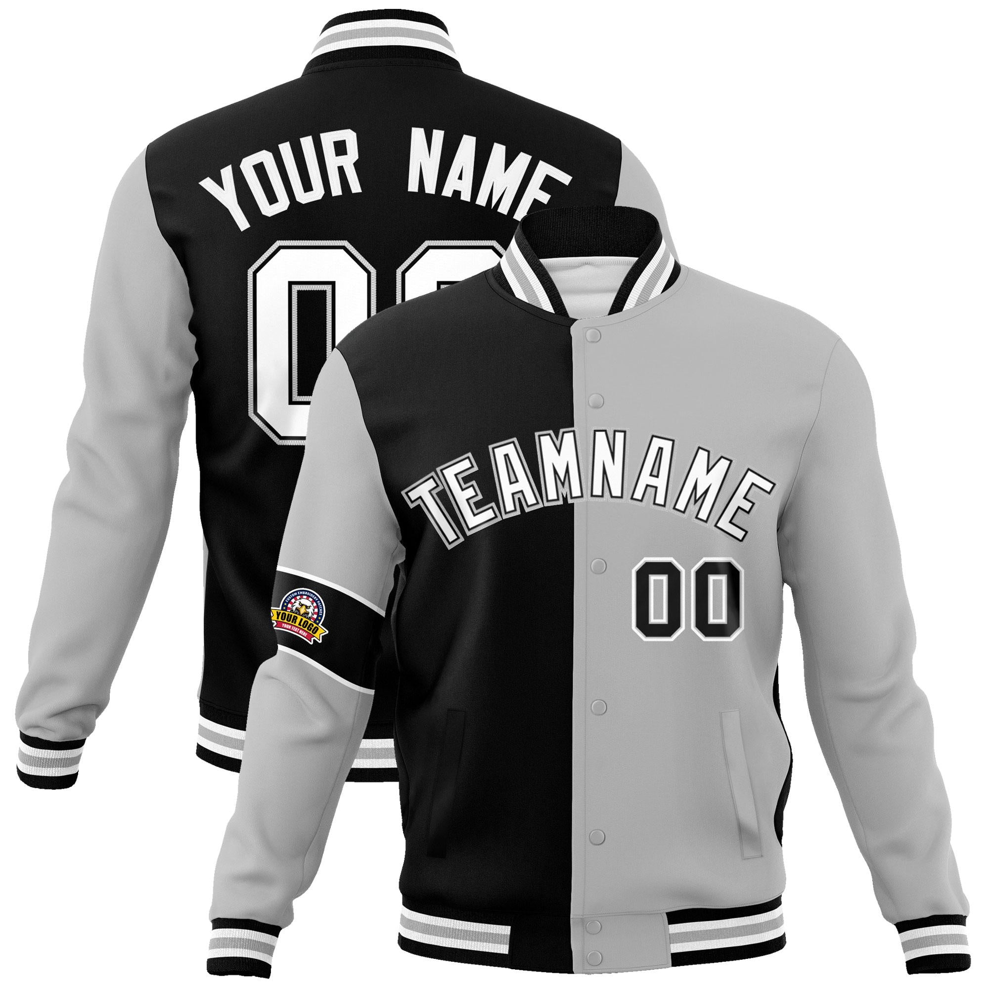 Custom Black Gray-White Letterman Two Tone Full-Snap Split Fashion Jacket