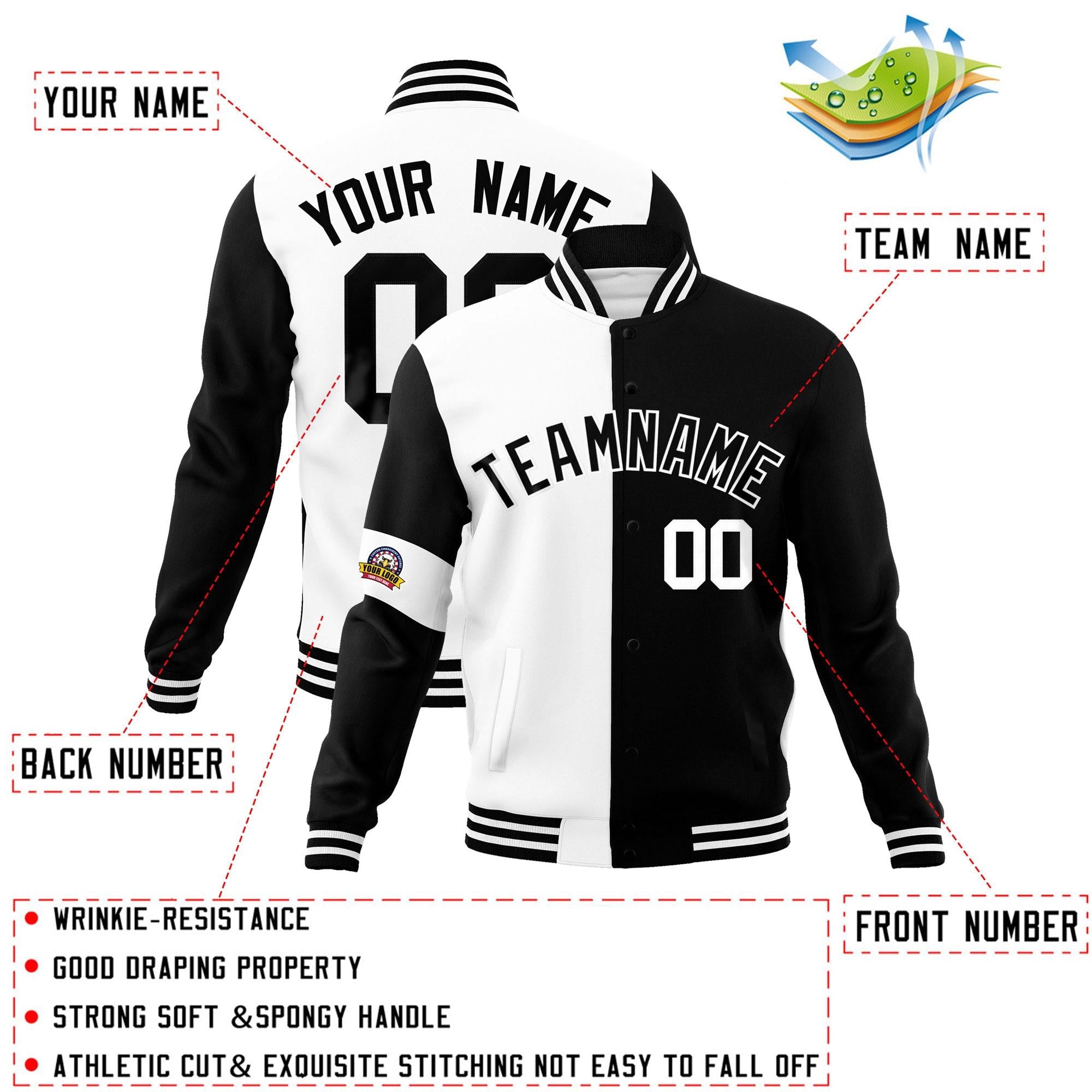 Custom White Black Letterman Two Tone Full-Snap Split Fashion Jacket