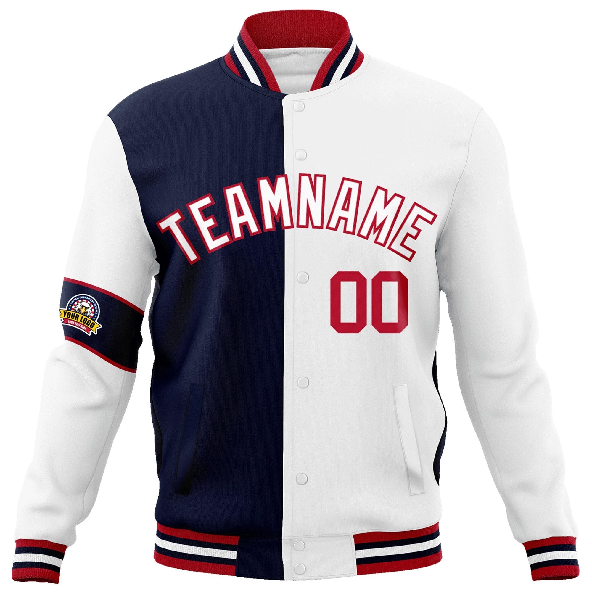 Custom Navy White-Red Letterman Two Tone Full-Snap Split Fashion Jacket