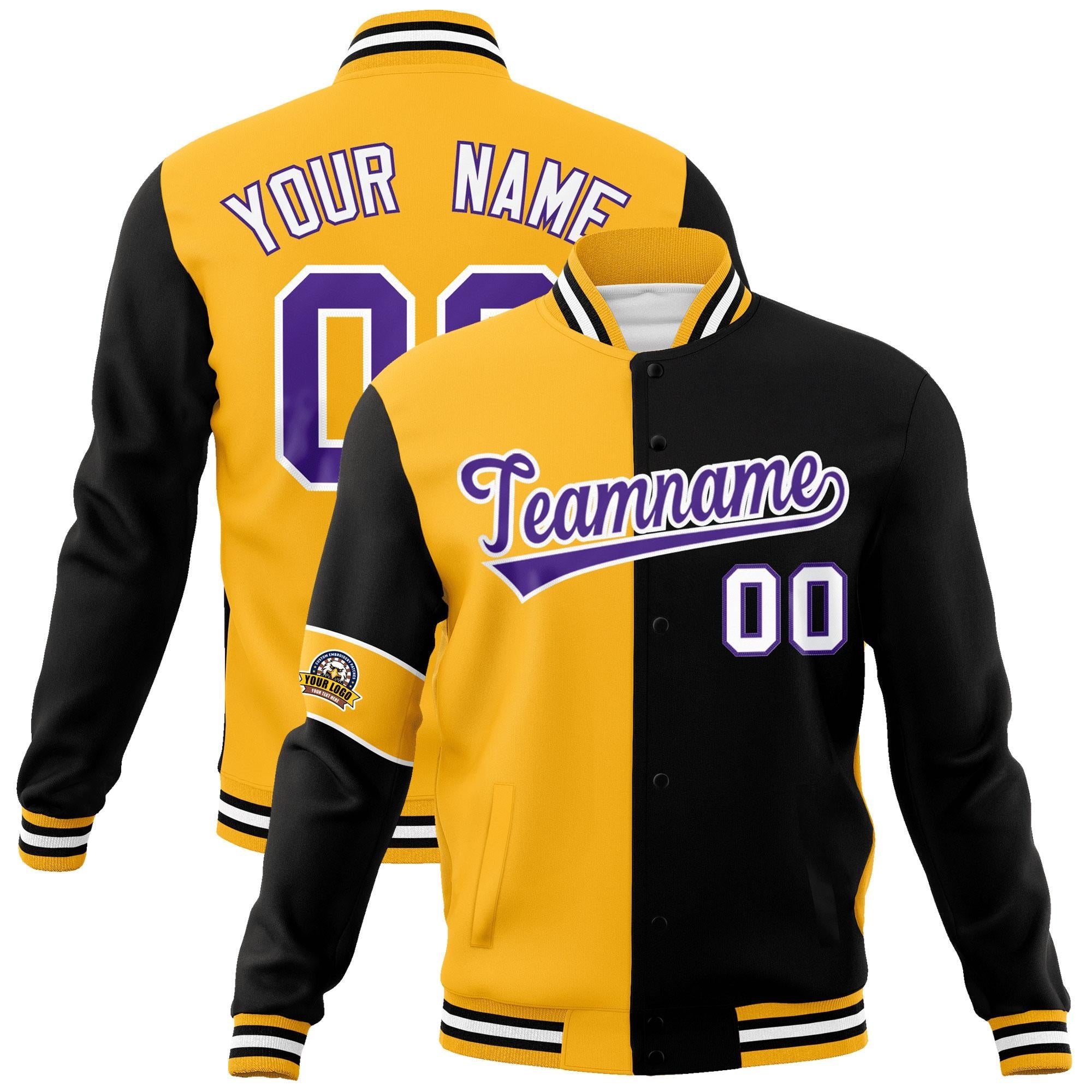 Custom Gold Black-Purple Letterman Two Tone Full-Snap Split Fashion Jacket