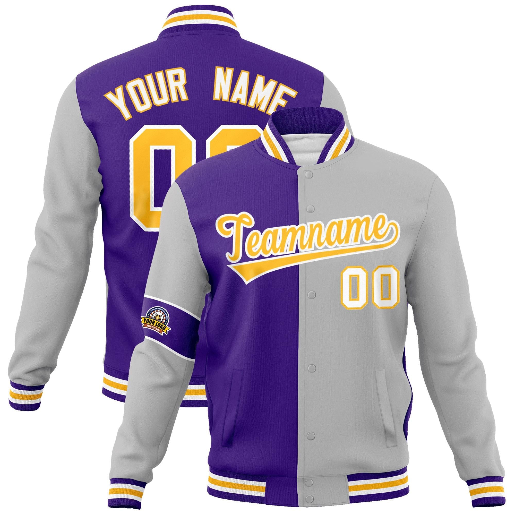 Custom Purple Gray-Gold Letterman Two Tone Full-Snap Split Fashion Jacket