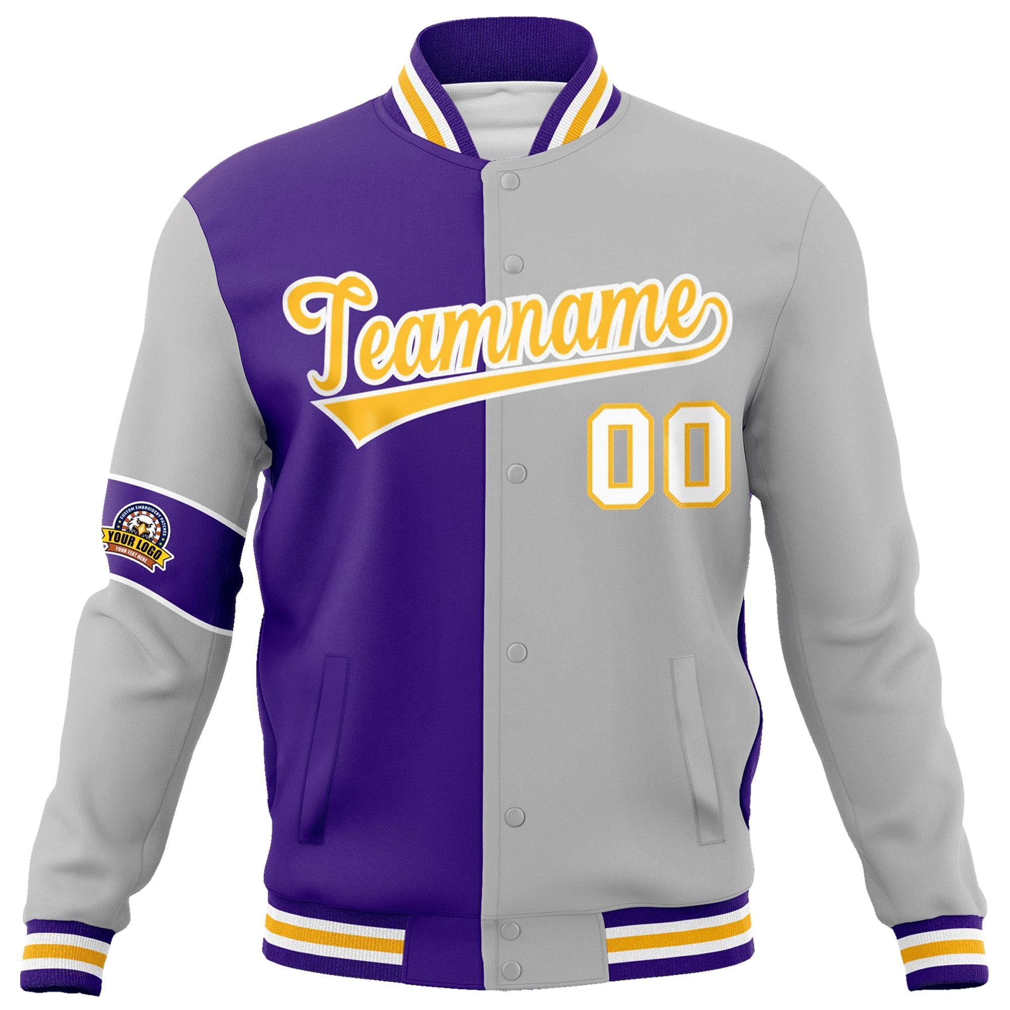 Custom Purple Gray-Gold Letterman Two Tone Full-Snap Split Fashion Jacket