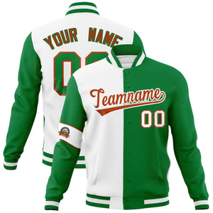 Custom White Kelly Green-Orange Letterman Two Tone Full-Snap Split Fashion Jacket