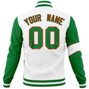 Custom White Kelly Green-Orange Letterman Two Tone Full-Snap Split Fashion Jacket