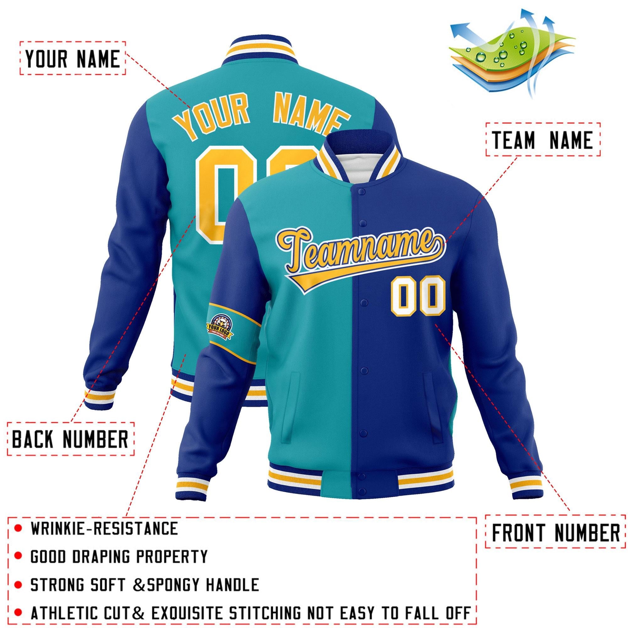 Custom Aqua Royal-Gold Letterman Two Tone Full-Snap Split Fashion Jacket