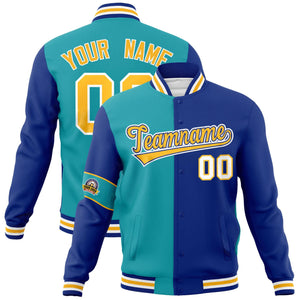 Custom Aqua Royal-Gold Letterman Two Tone Full-Snap Split Fashion Jacket