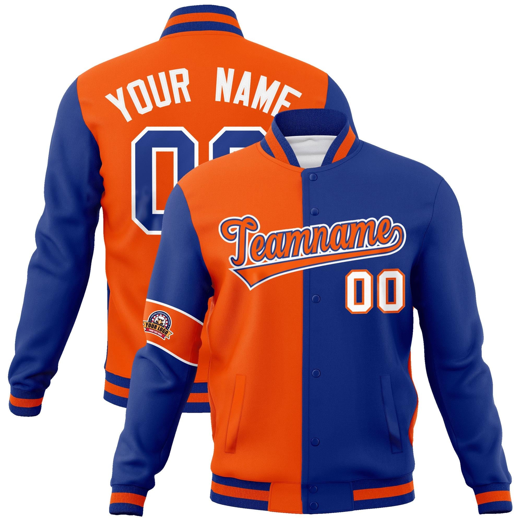 Custom Orange Royal-White Letterman Two Tone Full-Snap Split Fashion Jacket