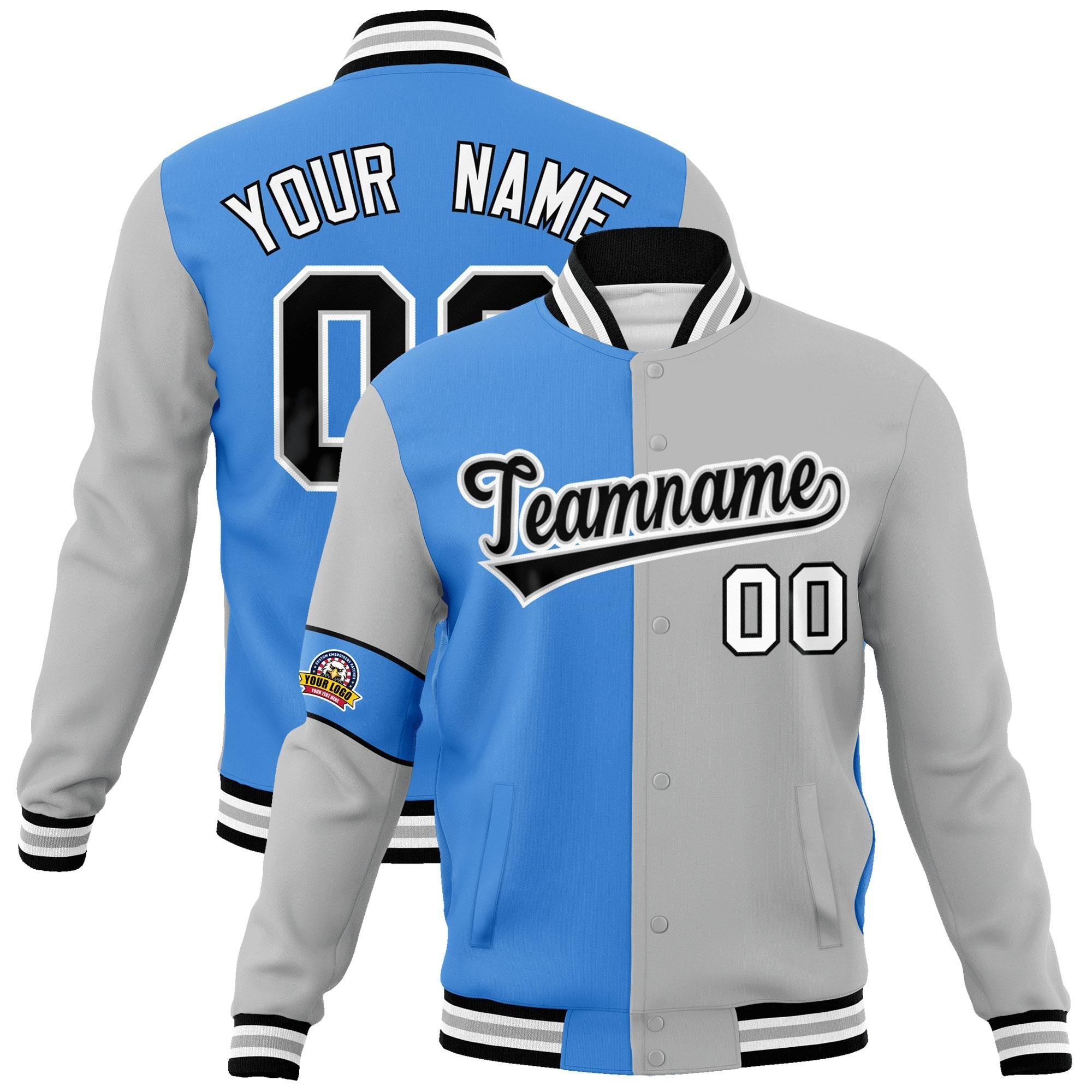 Custom Powder Blue Gray-Black Letterman Two Tone Full-Snap Split Fashion Jacket