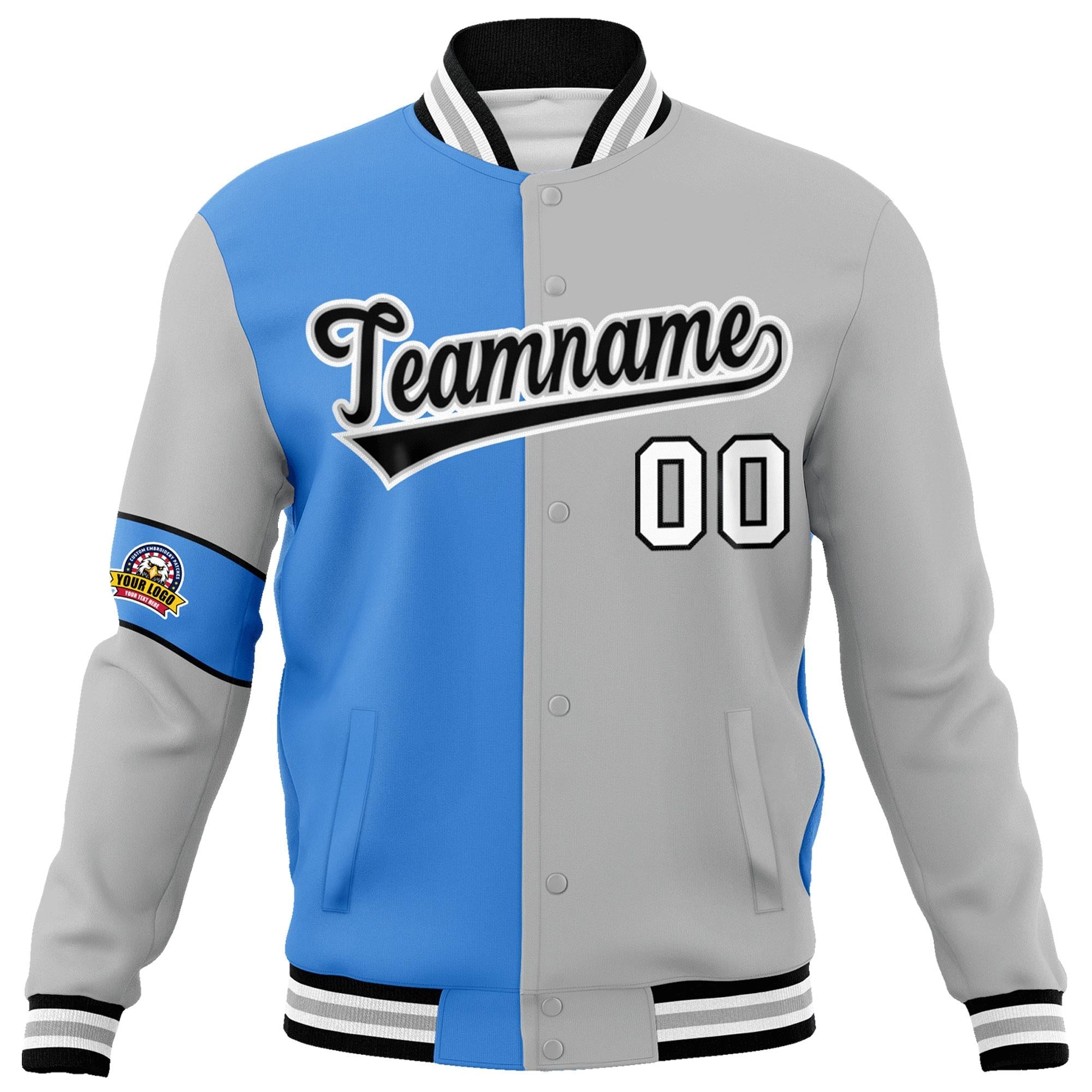 Custom Powder Blue Gray-Black Letterman Two Tone Full-Snap Split Fashion Jacket