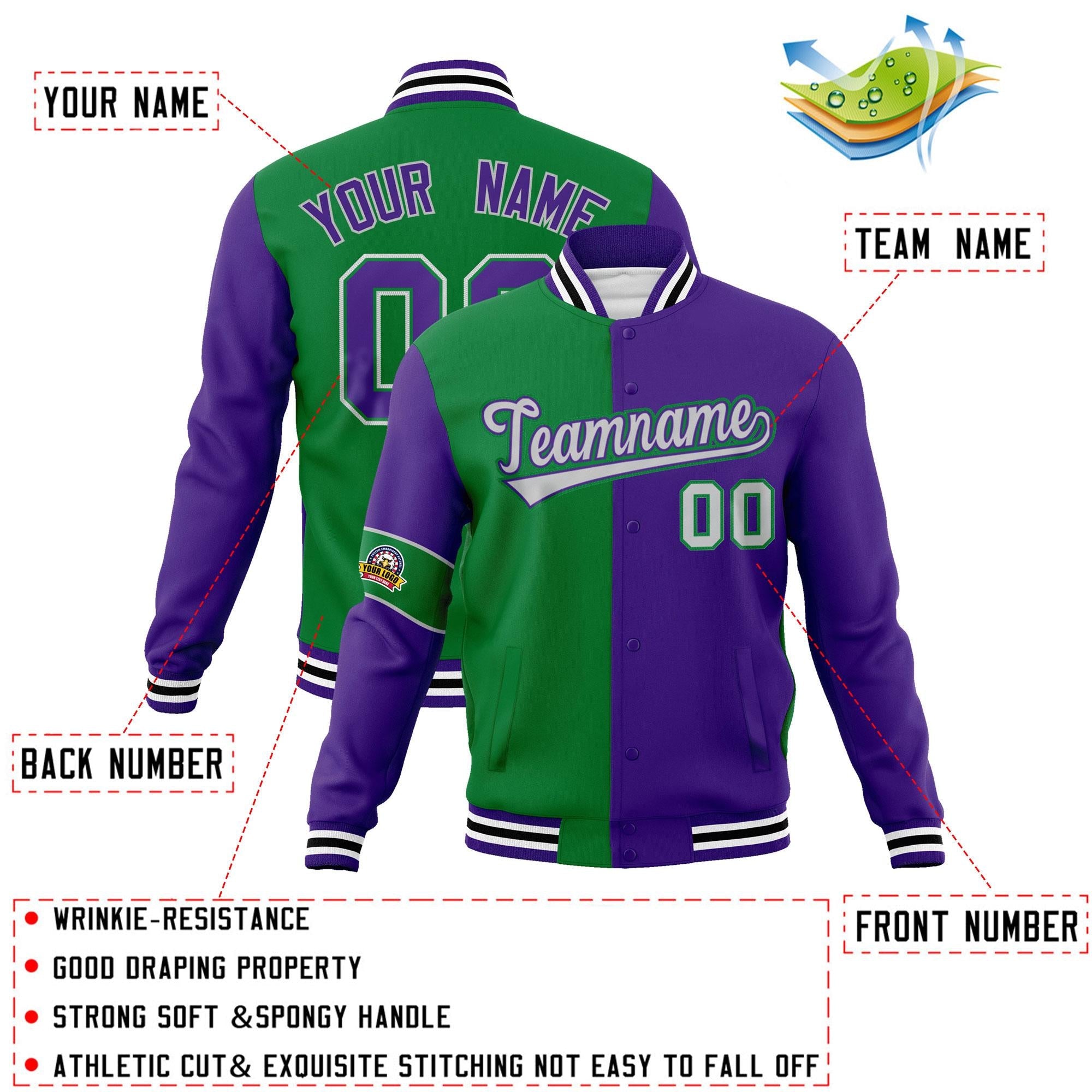 Custom Kelly Green Purple-Gray Letterman Two Tone Full-Snap Split Fashion Jacket